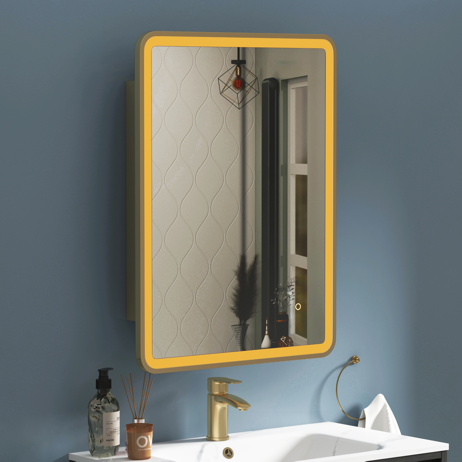 Avenza Brushed Brass Frontlit LED Cabinet Illuminated Framed Mirror with Demister Pad & Touch Sensor
