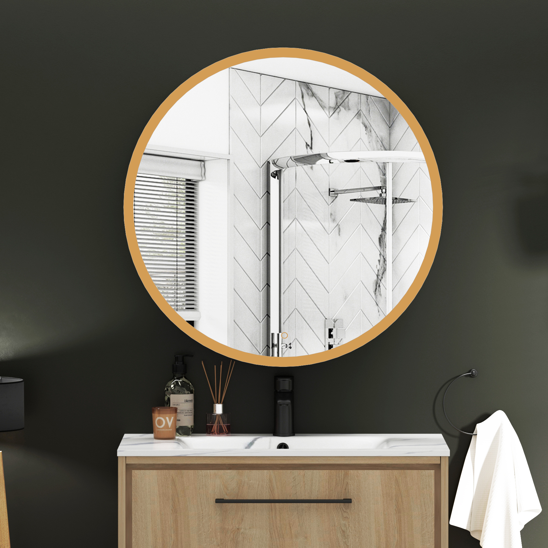 Avenza Frontlit Framed LED Cabinet Illuminated Round Mirror with Demister Pad & Touch Sensor