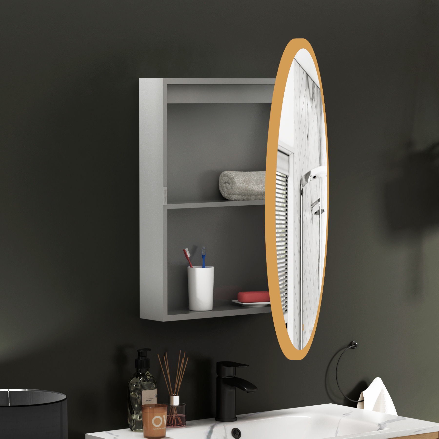 Avenza Frontlit Framed LED Cabinet Illuminated Round Mirror with Demister Pad & Touch Sensor