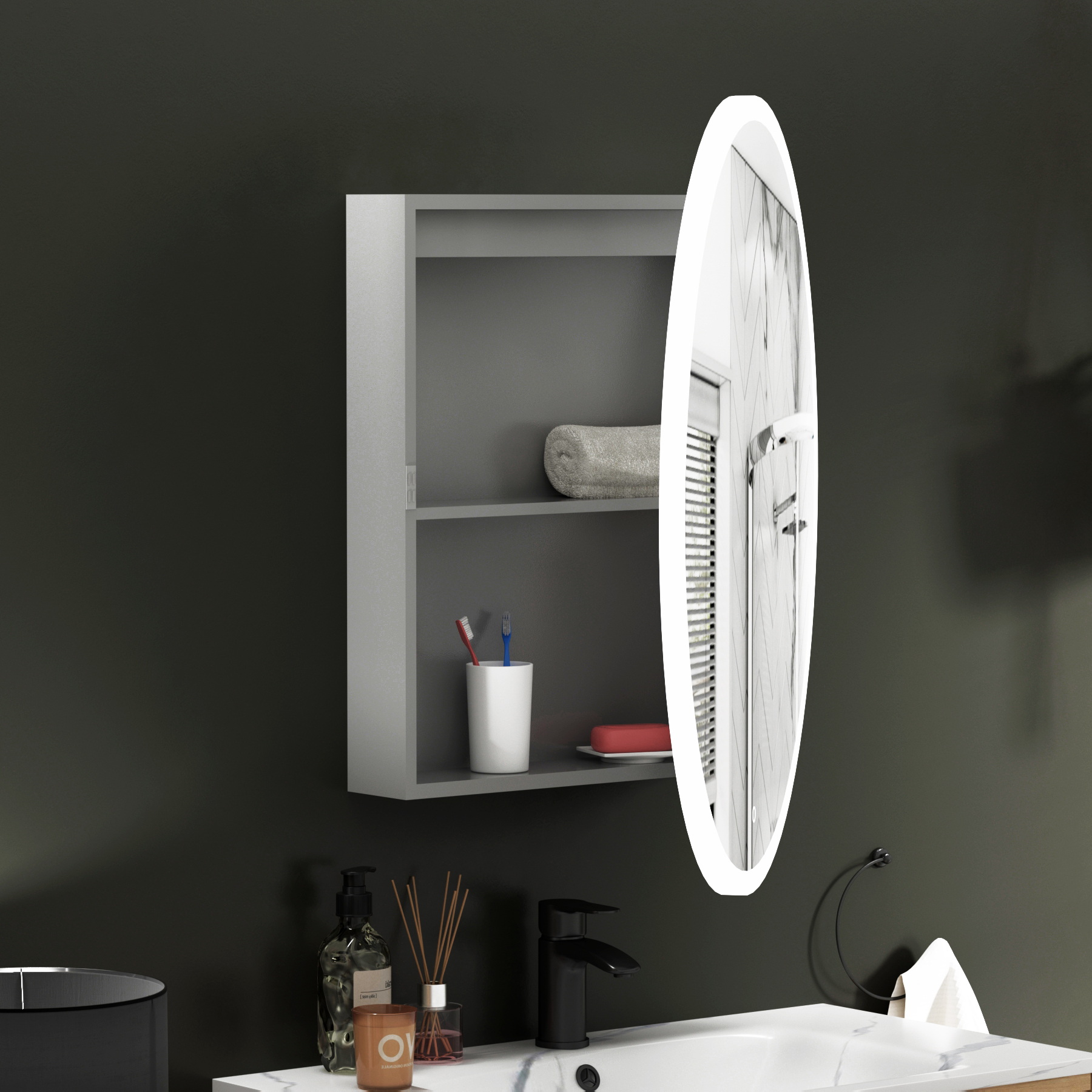 Avenza Frontlit Framed LED Cabinet Illuminated Round Mirror with Demister Pad & Touch Sensor