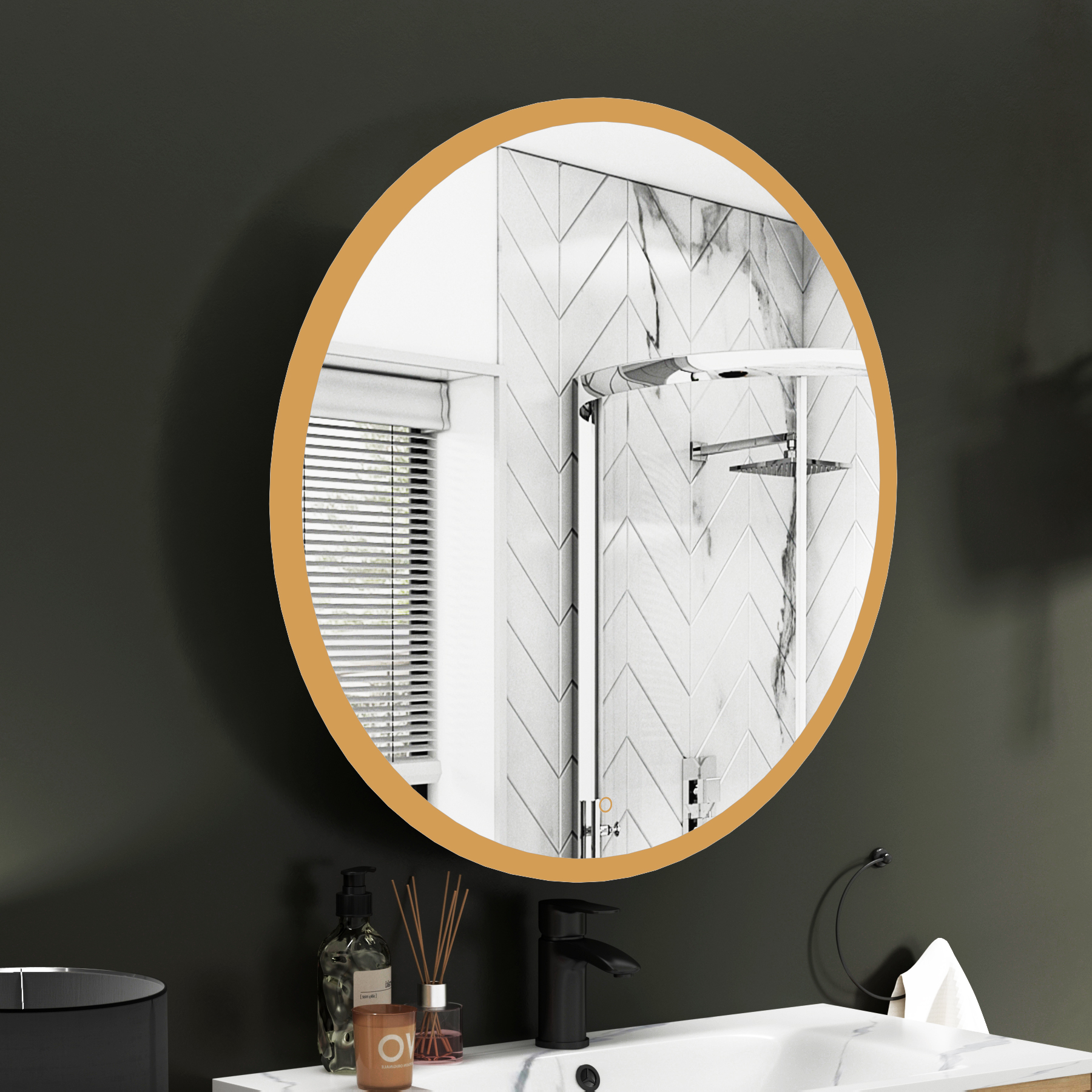 Avenza Frontlit Framed LED Cabinet Illuminated Round Mirror with Demister Pad & Touch Sensor