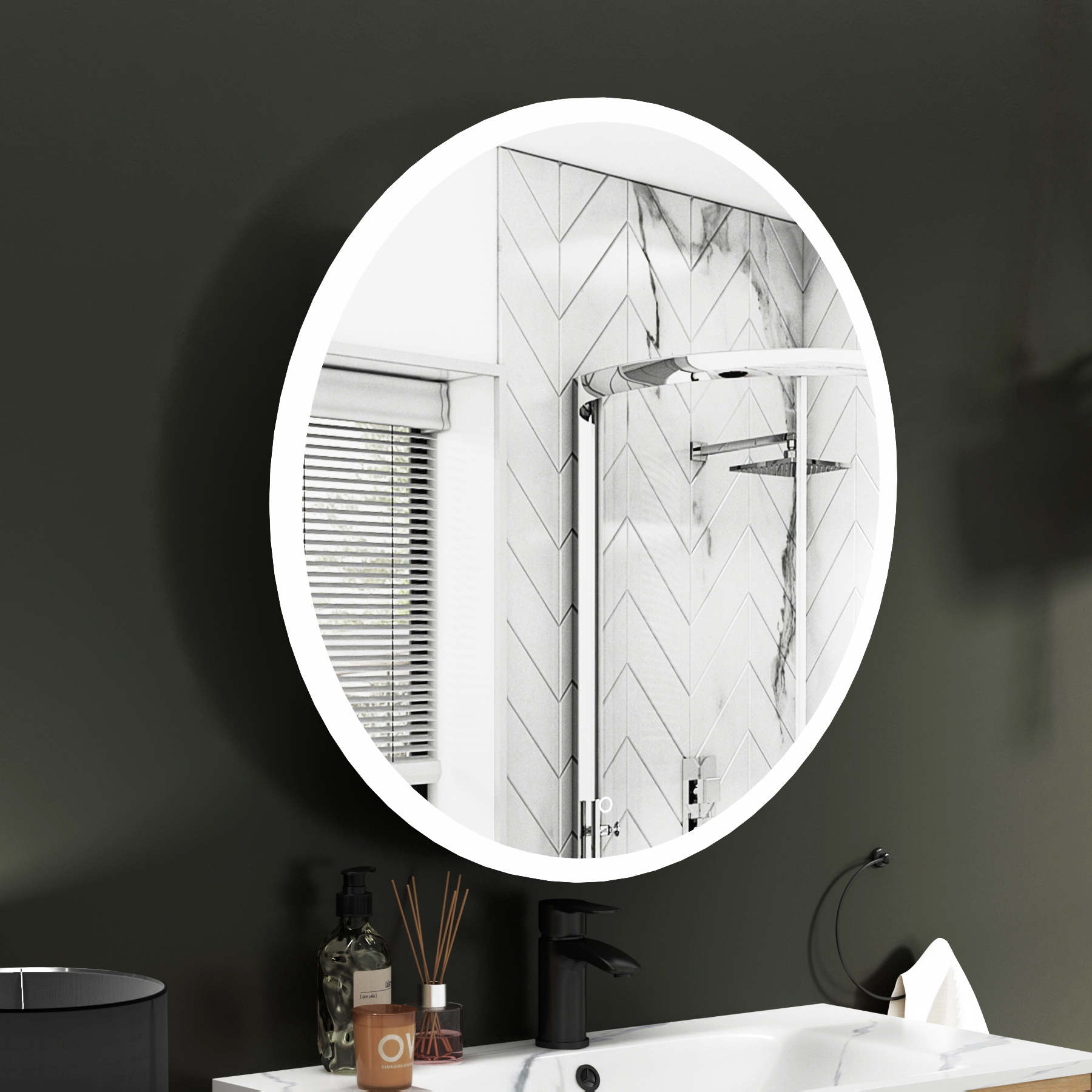 Avenza Frontlit Framed LED Cabinet Illuminated Round Mirror with Demister Pad & Touch Sensor