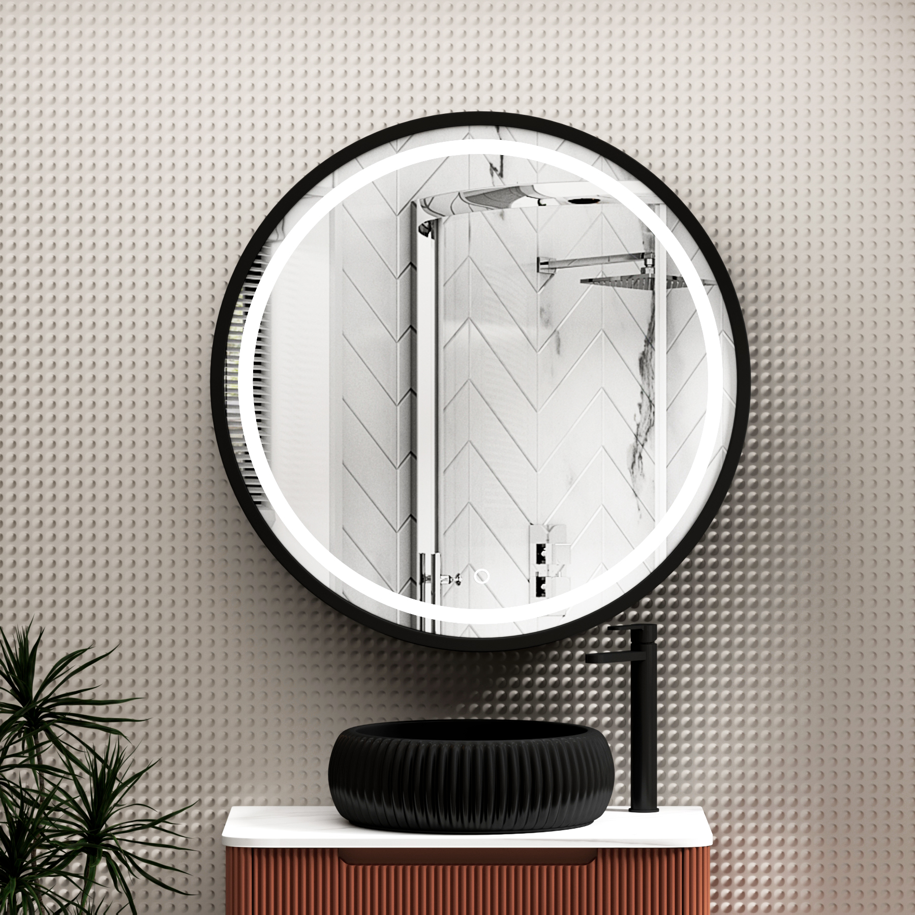 Avenza 800 x 800mm Matt Black Frontlit LED Cabinet Illuminated Mirror with Demister Pad & Touch Sensor