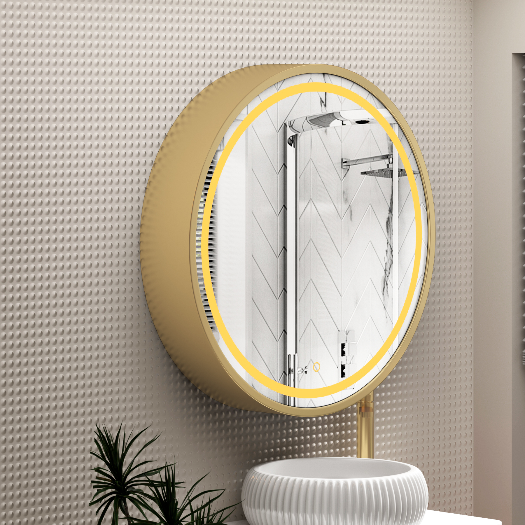 Avenza 800 x 800mm Brushed Brass Frontlit LED Cabinet Illuminated Framed Mirror with Demister Pad & Touch Sensor