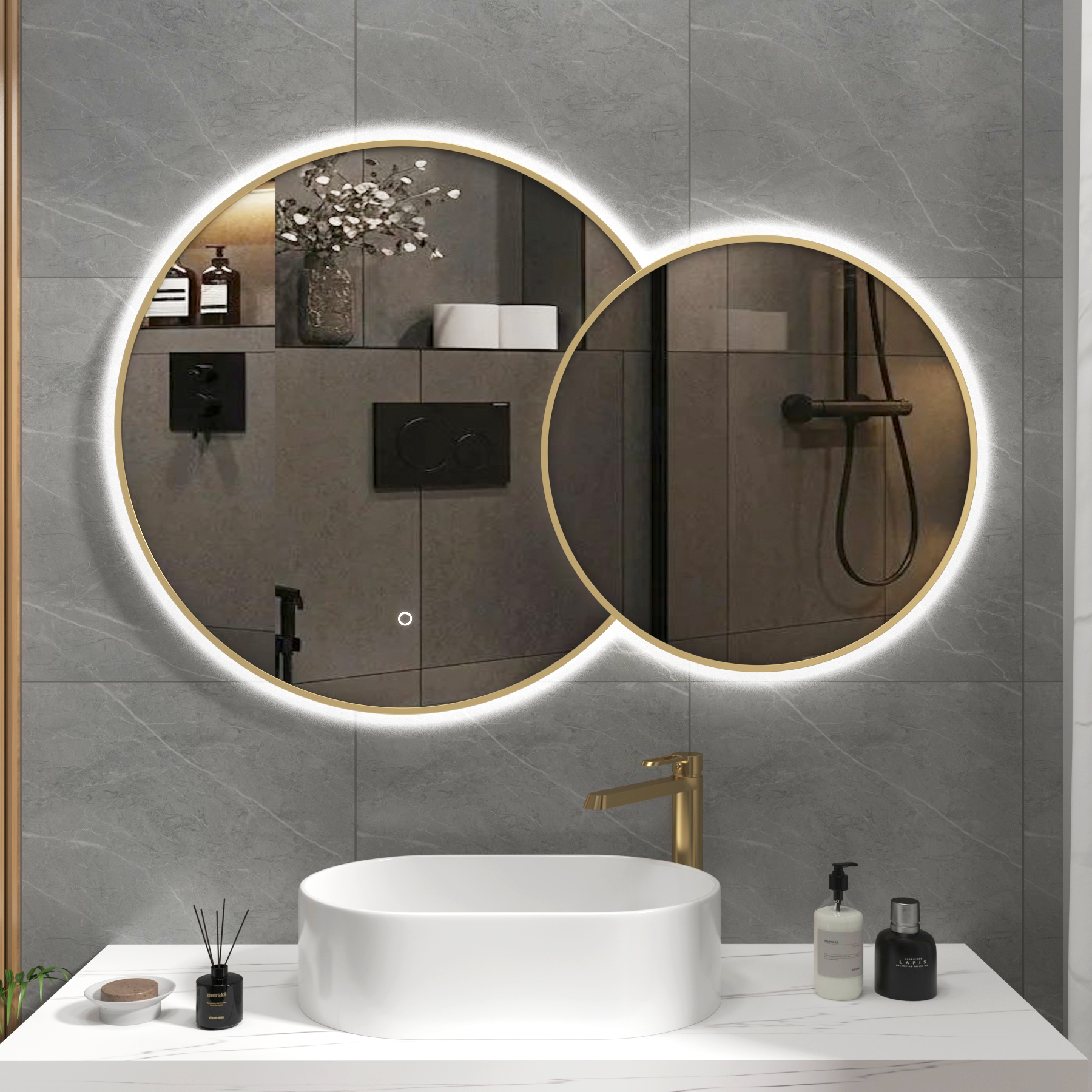 Enso 800 x 600mm Brushed Brass Backlit LED Illuminated Framed Round Mirror with Demister Pad & Touch Sensor