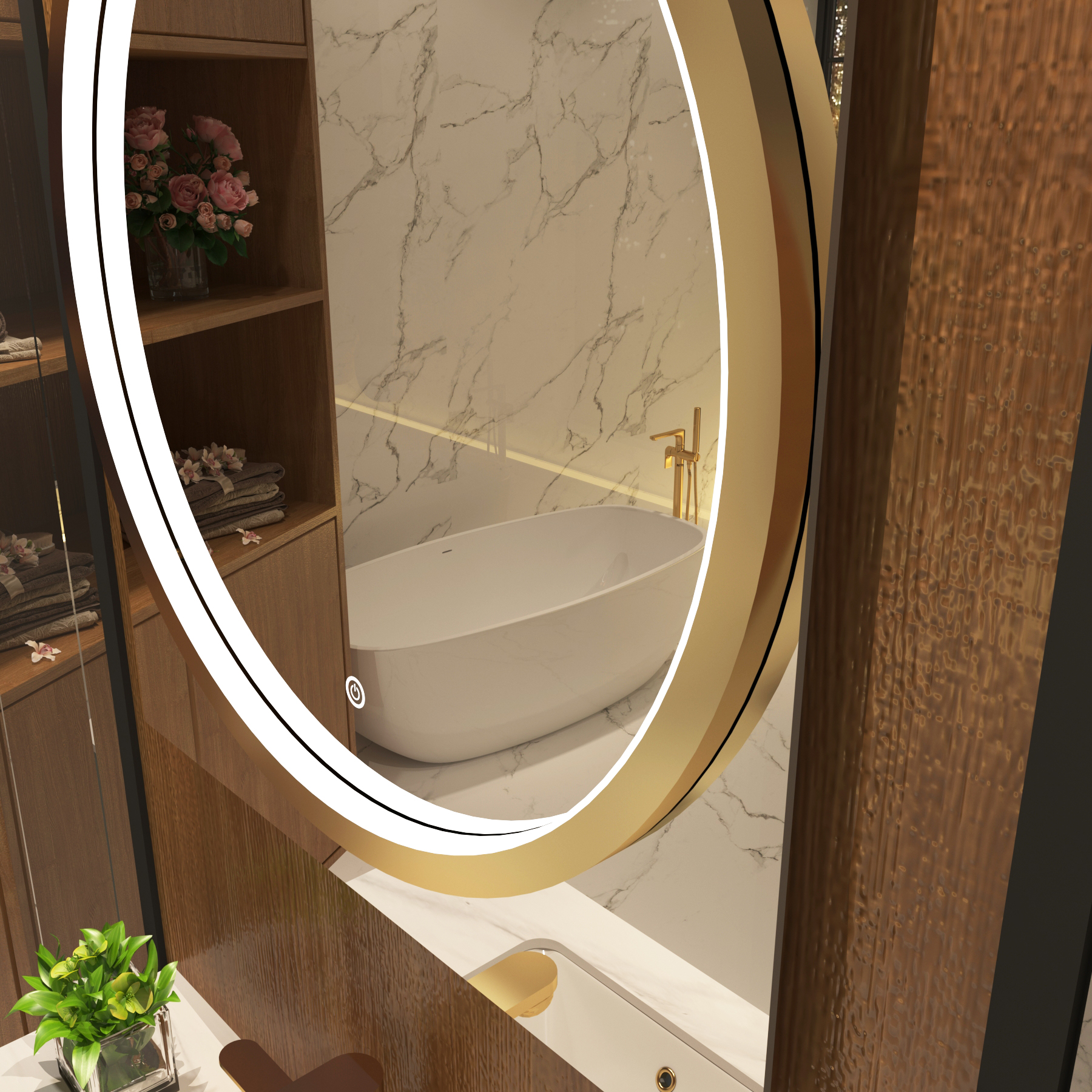 Monaco 600 x 700mm Frontlit LED Illuminated Framed Round Mirror with Demister Pad & Touch Sensor - Multiple Colours