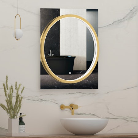 Monaco 600 x 700mm LED Illuminated Brushed Brass Frame Bathroom Mirror - Touch Sensor