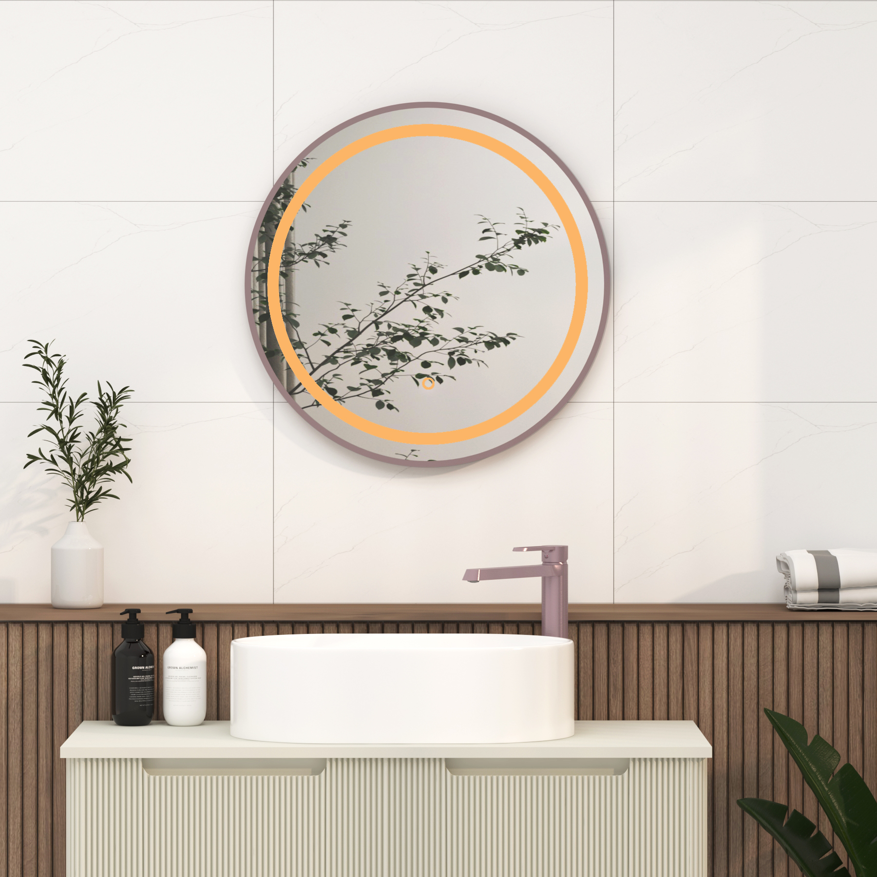 Capri 600 x 600mm Brushed Bronze Frontlit LED Illuminated Framed Round Mirror with Demister Pad & Touch Sensor