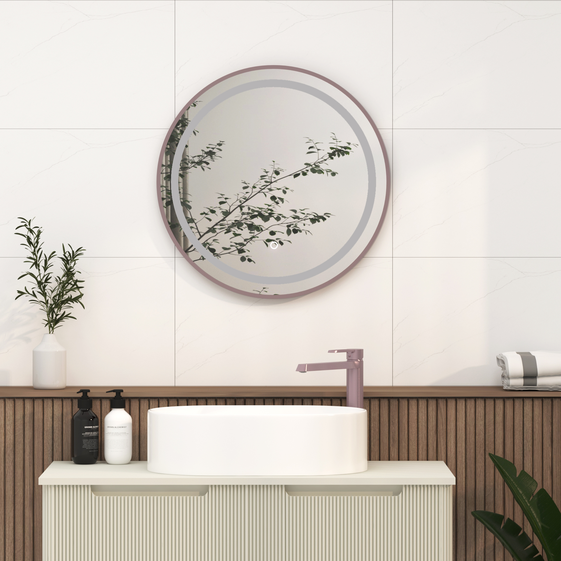 Capri 600 x 600mm Brushed Bronze Frontlit LED Illuminated Framed Round Mirror with Demister Pad & Touch Sensor