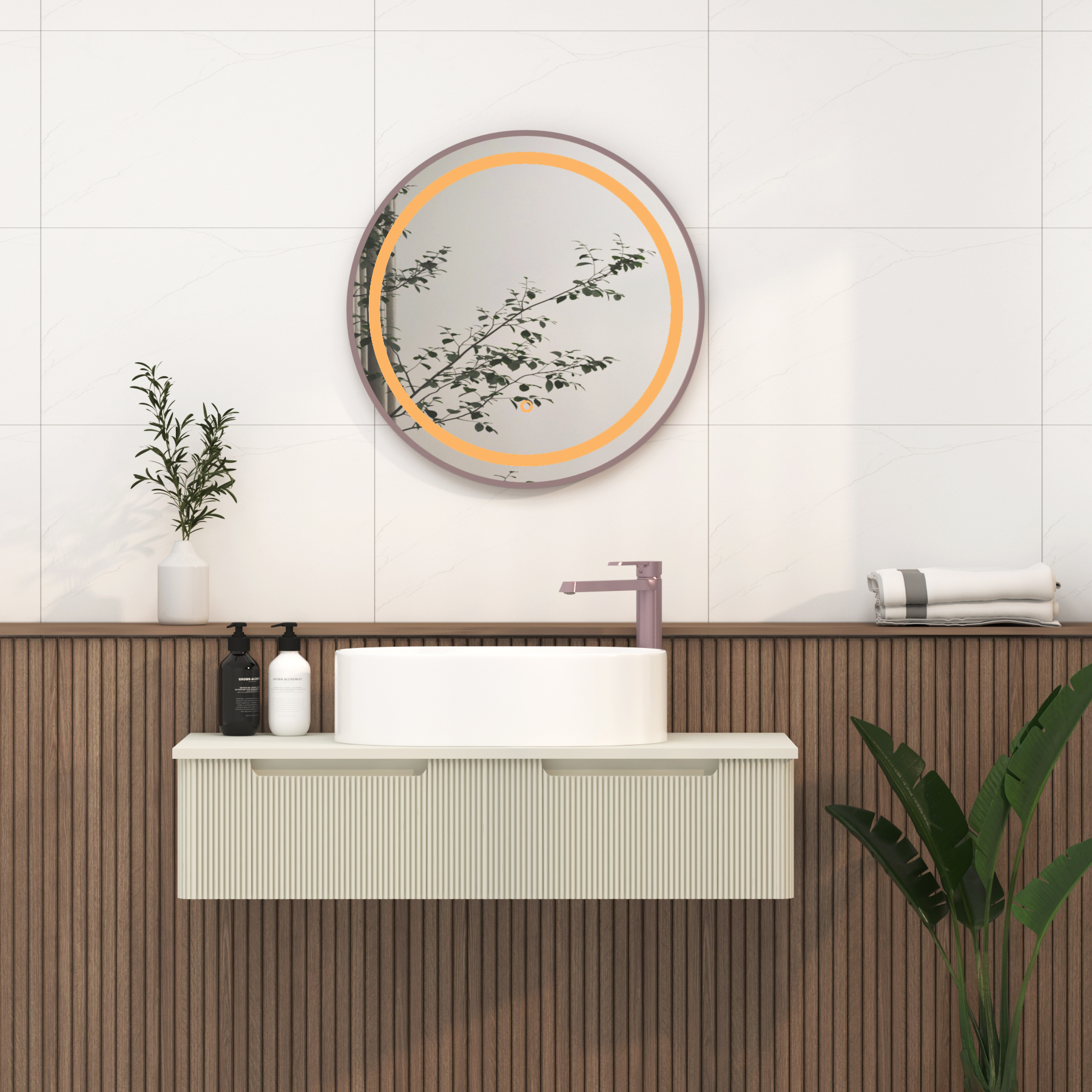 Capri 600 x 600mm Brushed Bronze Frontlit LED Illuminated Framed Round Mirror with Demister Pad & Touch Sensor