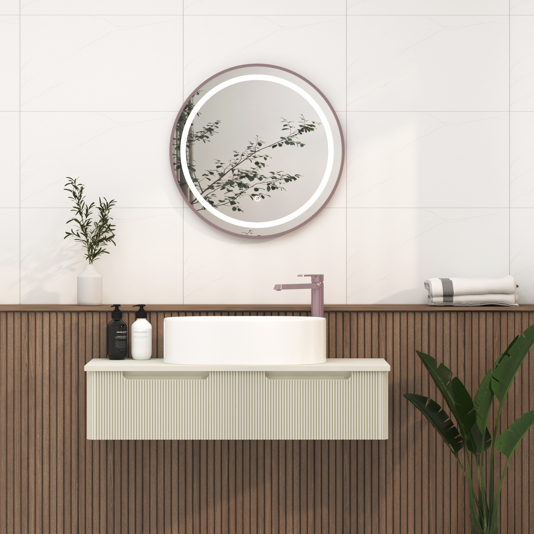 Capri 600 x 600mm Brushed Bronze Frontlit LED Illuminated Framed Round Mirror with Demister Pad & Touch Sensor