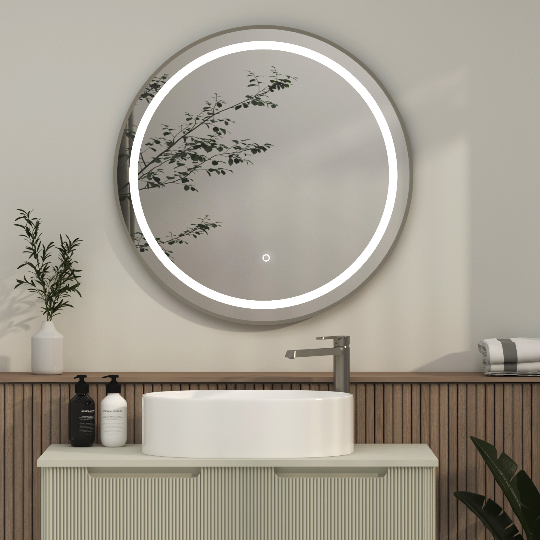 Capri 800 x 800mm Gun Metal Grey Frontlit LED Illuminated Framed Round Mirror with Demister Pad & Touch Sensor