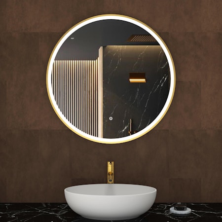 Capri 800 x 800mm Round LED Illuminated Framed Mirror with Touch Sensor - Brushed Brass