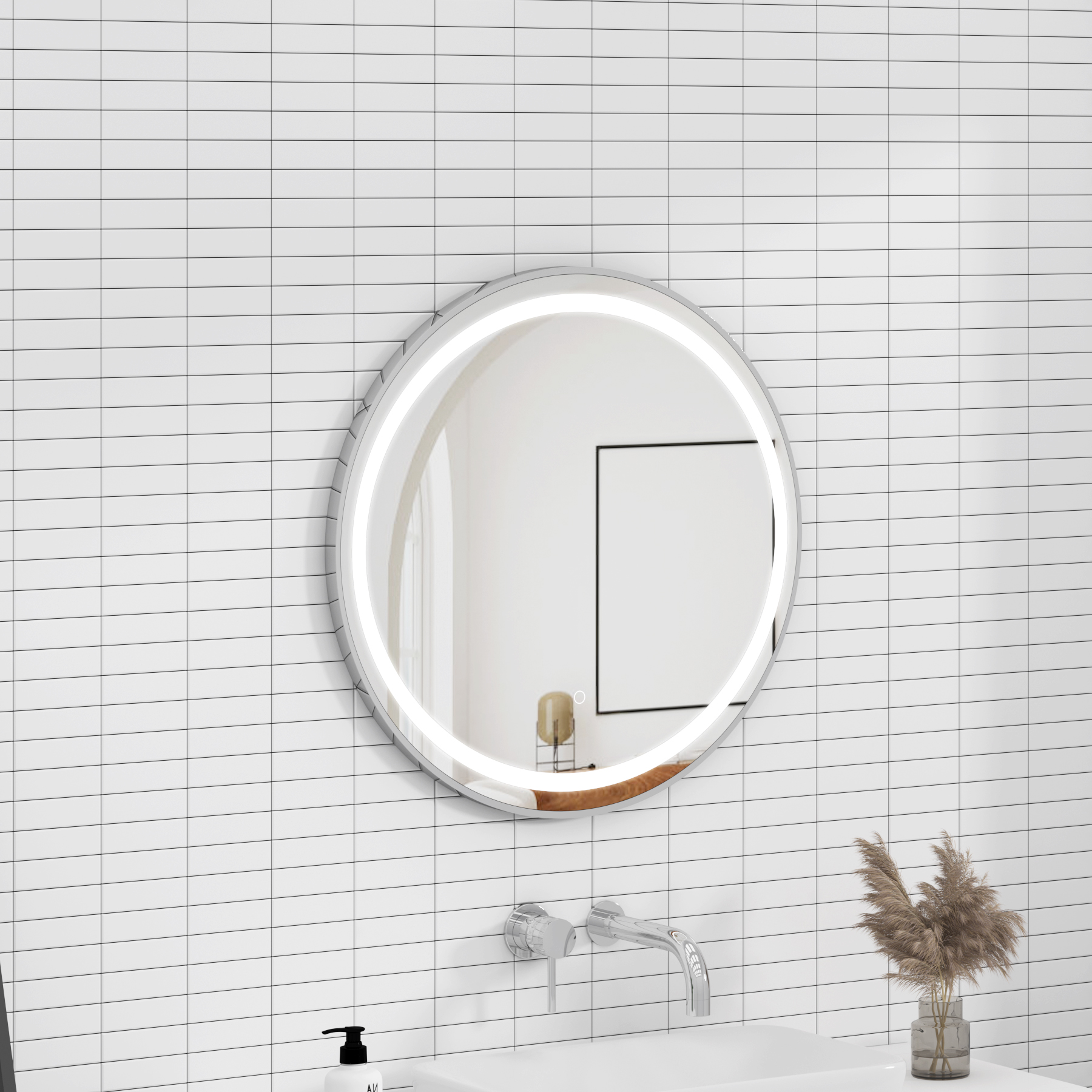 Capri 600 x 600mm Chrome Frontlit LED Illuminated Framed Round Mirror with Demister Pad & Touch Sensor