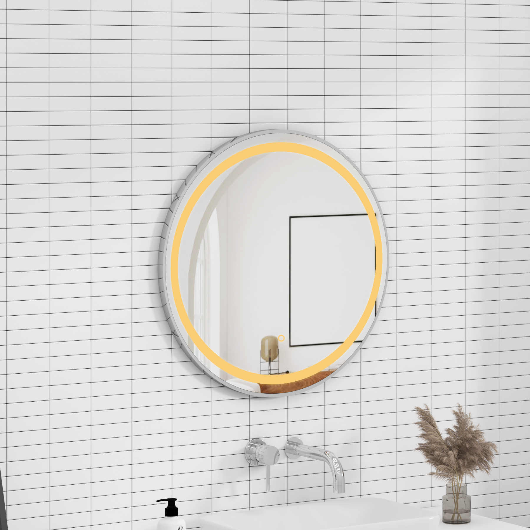 Capri 600 x 600mm Chrome Frontlit LED Illuminated Framed Round Mirror with Demister Pad & Touch Sensor