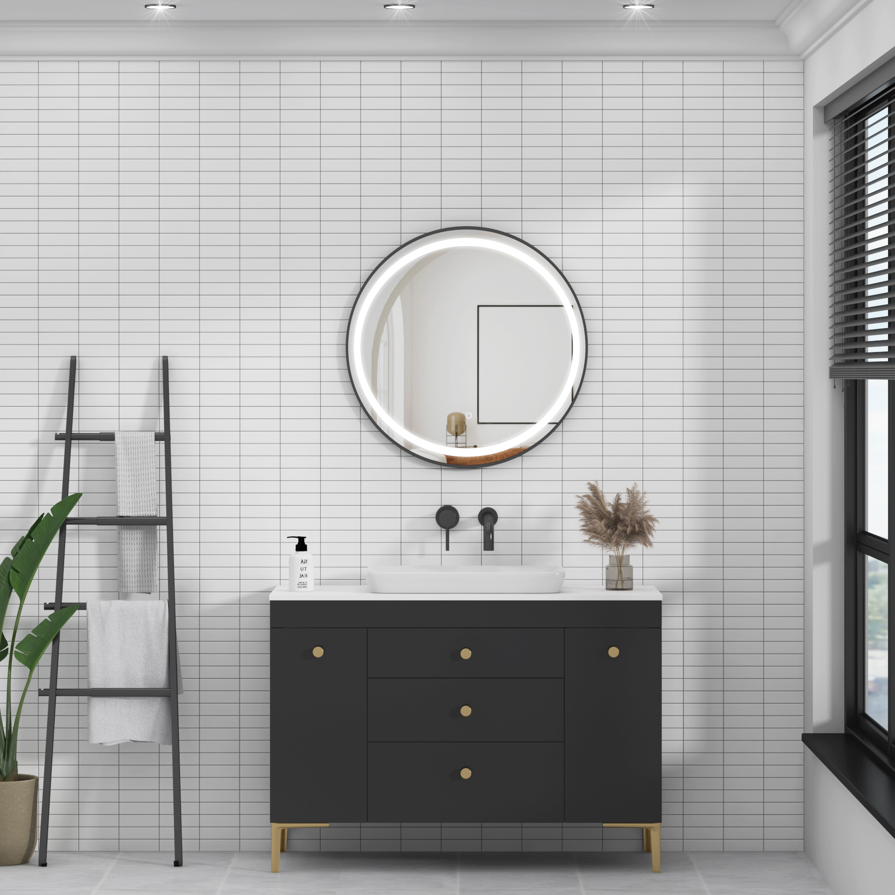 Capri 600 x 600mm Matt Black Frontlit LED Illuminated Framed Round Mirror with Demister Pad & Touch Sensor