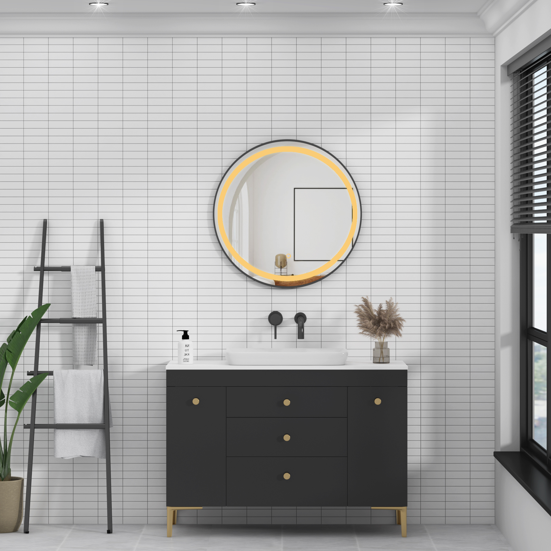 Capri 600 x 600mm Matt Black Frontlit LED Illuminated Framed Round Mirror with Demister Pad & Touch Sensor
