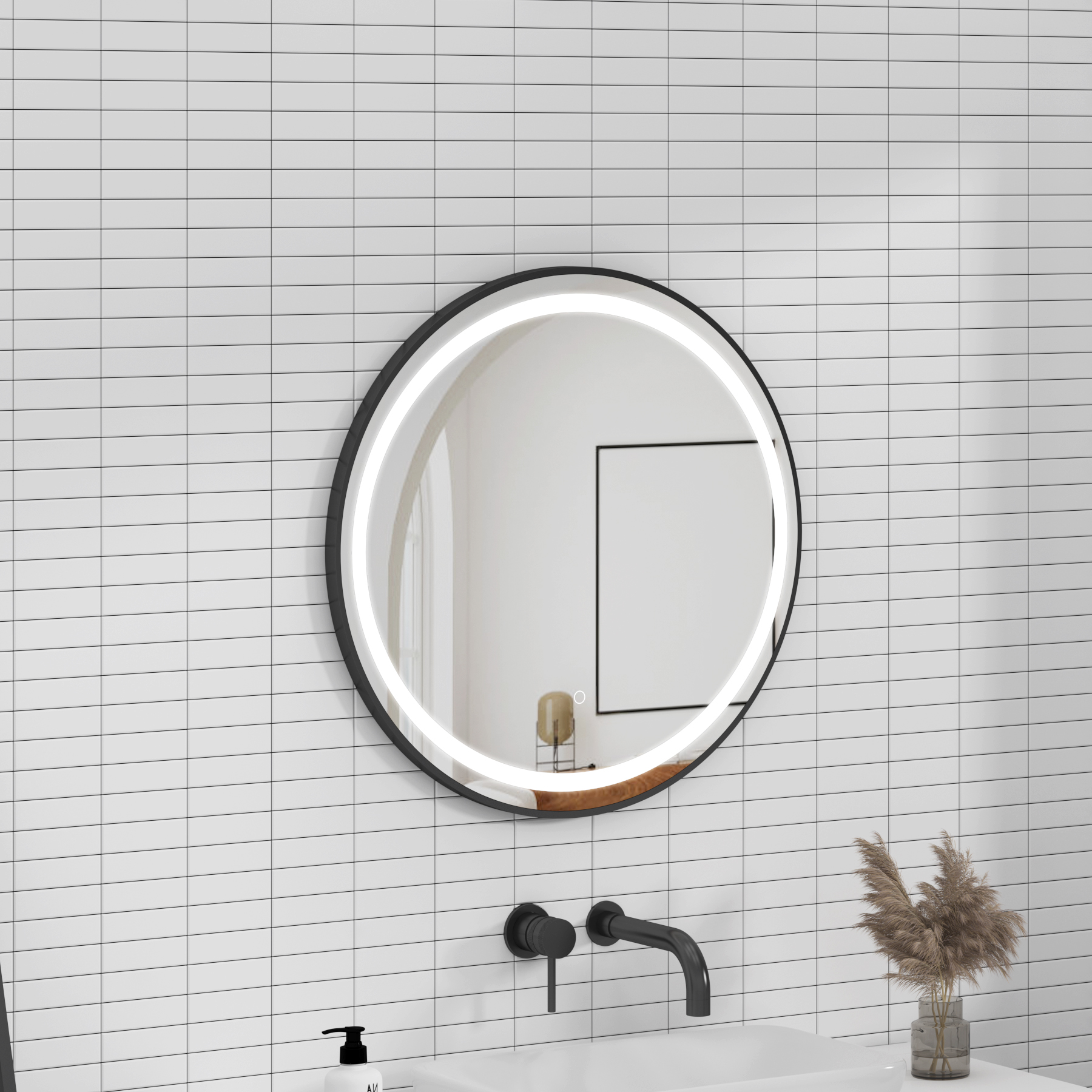 Capri 600 x 600mm Matt Black Frontlit LED Illuminated Framed Round Mirror with Demister Pad & Touch Sensor