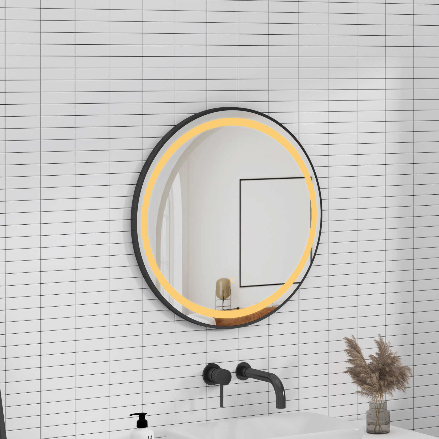 Capri 600 x 600mm Matt Black Frontlit LED Illuminated Framed Round Mirror with Demister Pad & Touch Sensor
