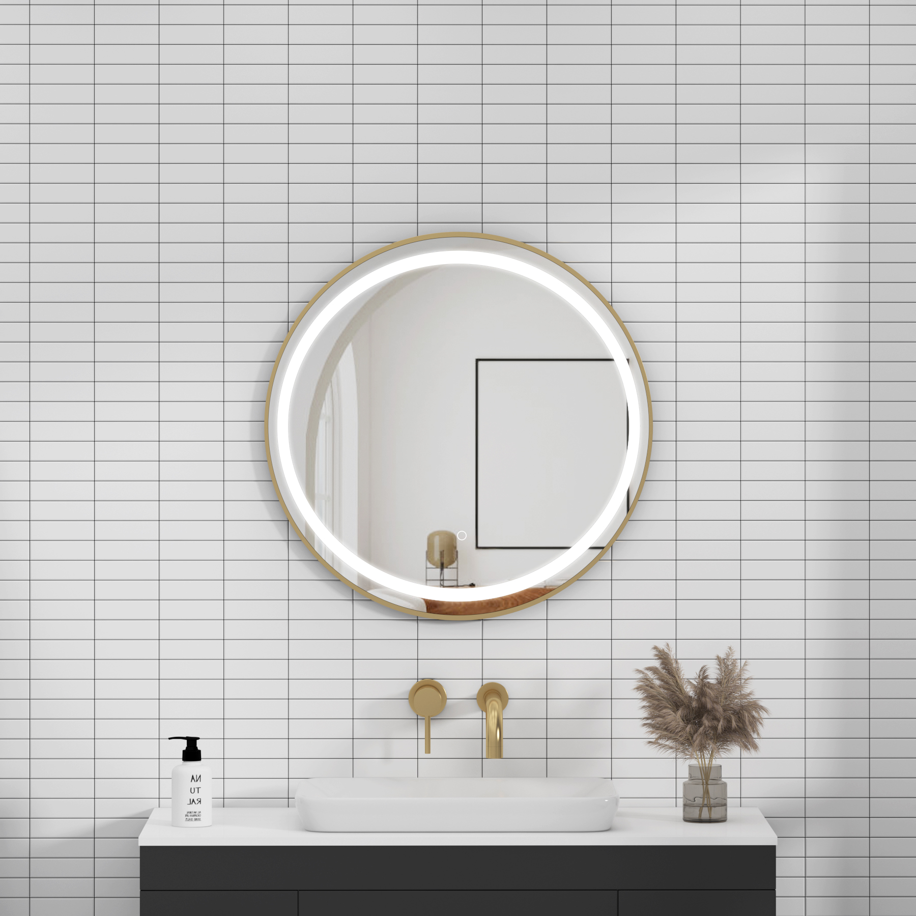 Capri 600 x 600mm Brushed Brass Frontlit LED Illuminated Framed Round Mirror with Demister Pad & Touch Sensor