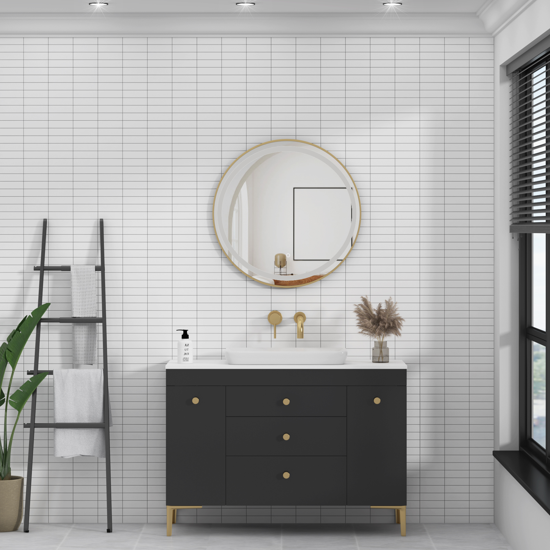 Capri 600 x 600mm Brushed Brass Frontlit LED Illuminated Framed Round Mirror with Demister Pad & Touch Sensor