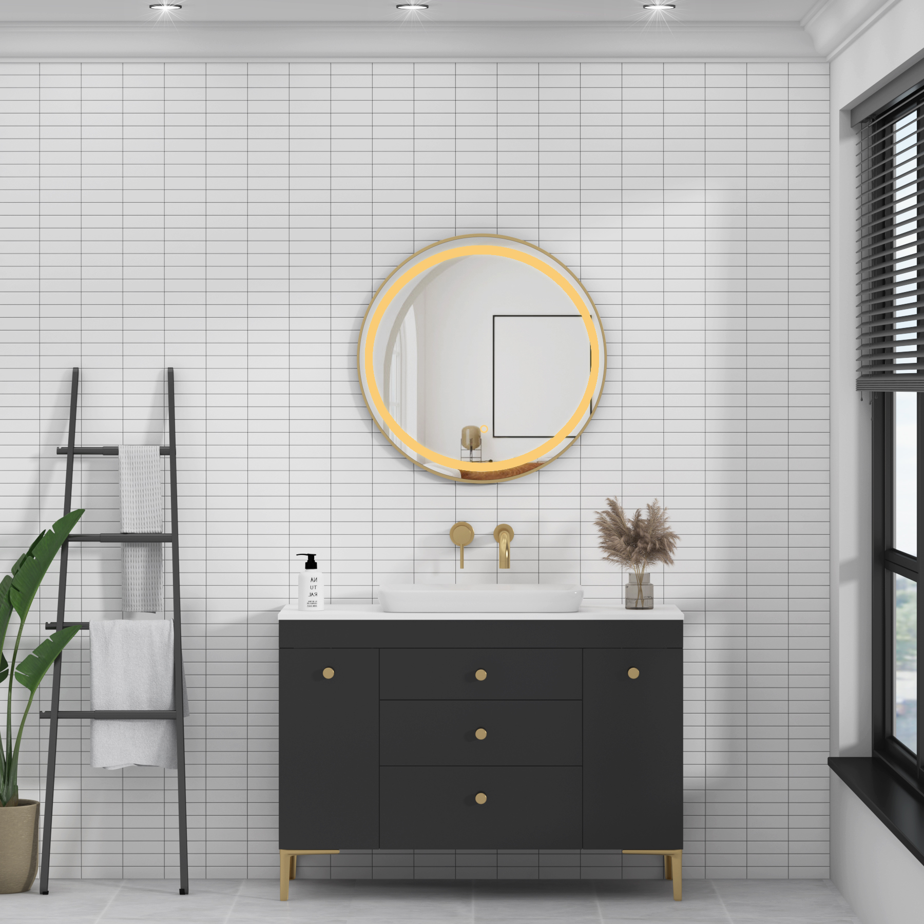 Capri 600 x 600mm Brushed Brass Frontlit LED Illuminated Framed Round Mirror with Demister Pad & Touch Sensor