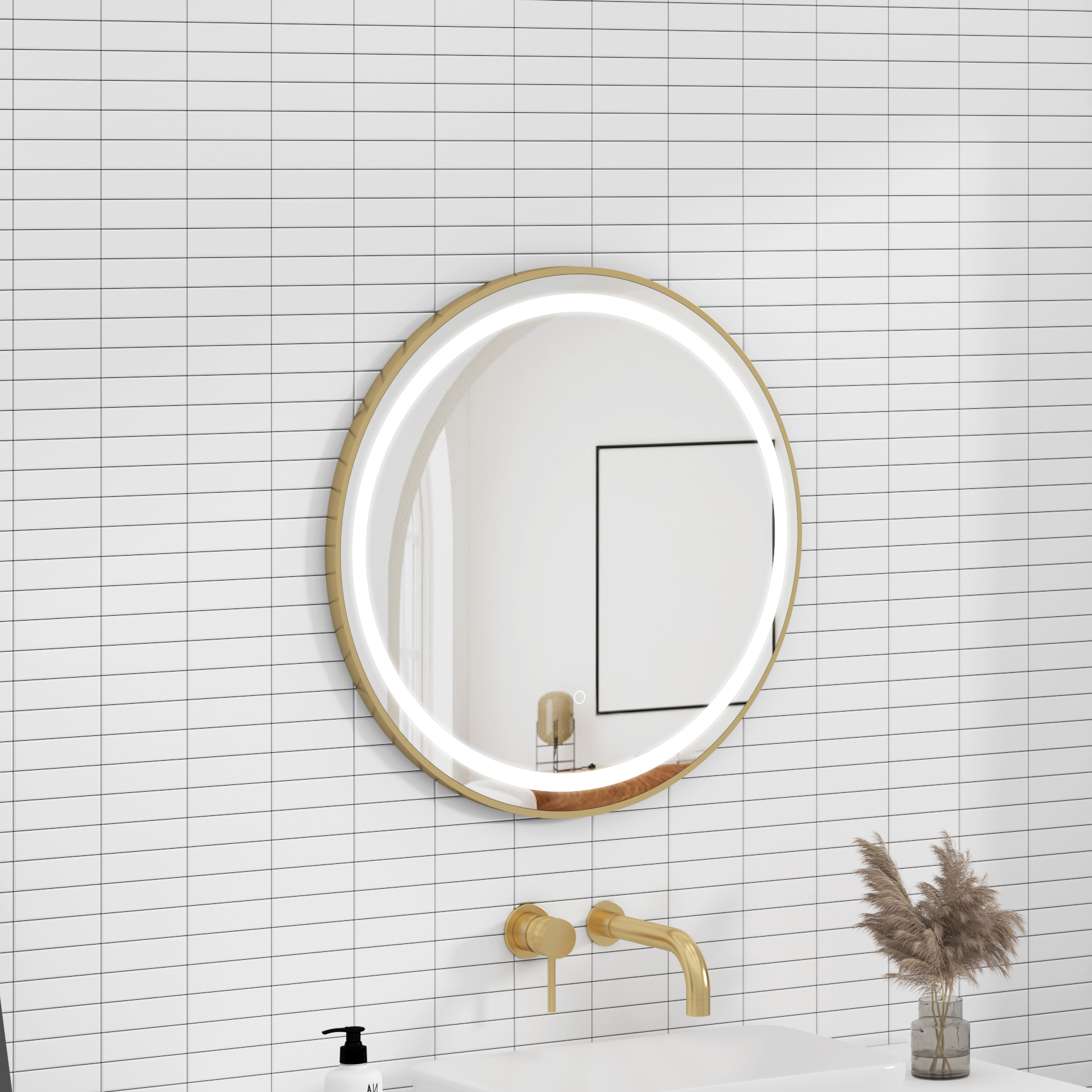 Capri 600 x 600mm Brushed Brass Frontlit LED Illuminated Framed Round Mirror with Demister Pad & Touch Sensor
