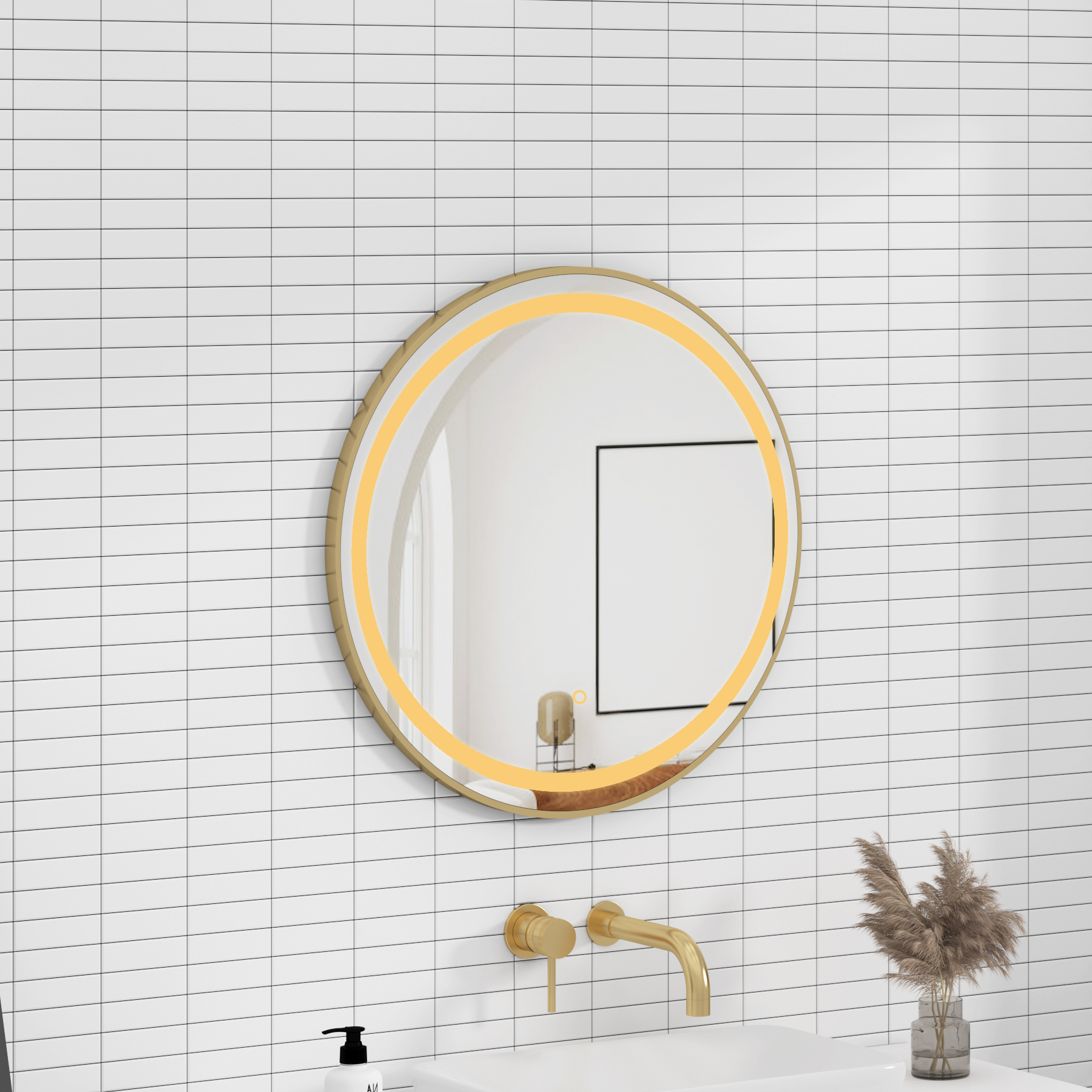 Capri 600 x 600mm Brushed Brass Frontlit LED Illuminated Framed Round Mirror with Demister Pad & Touch Sensor