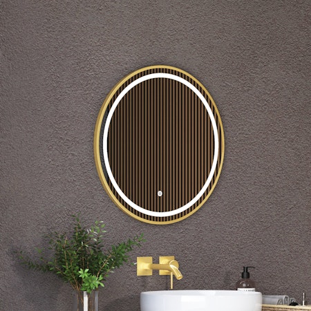 Capri 600 x 600mm Round Front Lit LED Framed Mirror with Demister Pad - Brushed Brass