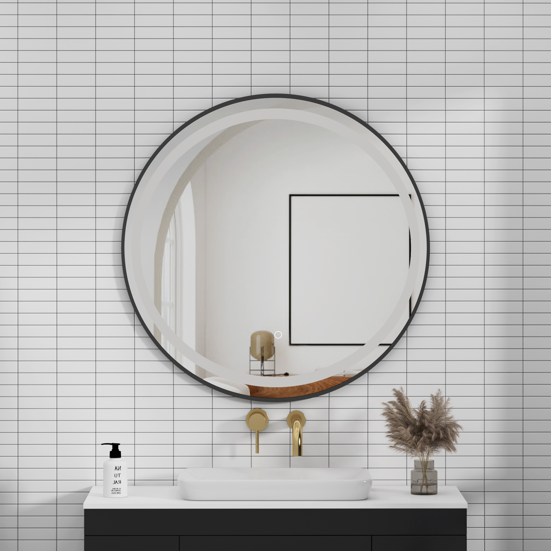 Capri 800 x 800mm Matt Black Frontlit LED Illuminated Framed Round Mirror with Demister Pad & Touch Sensor