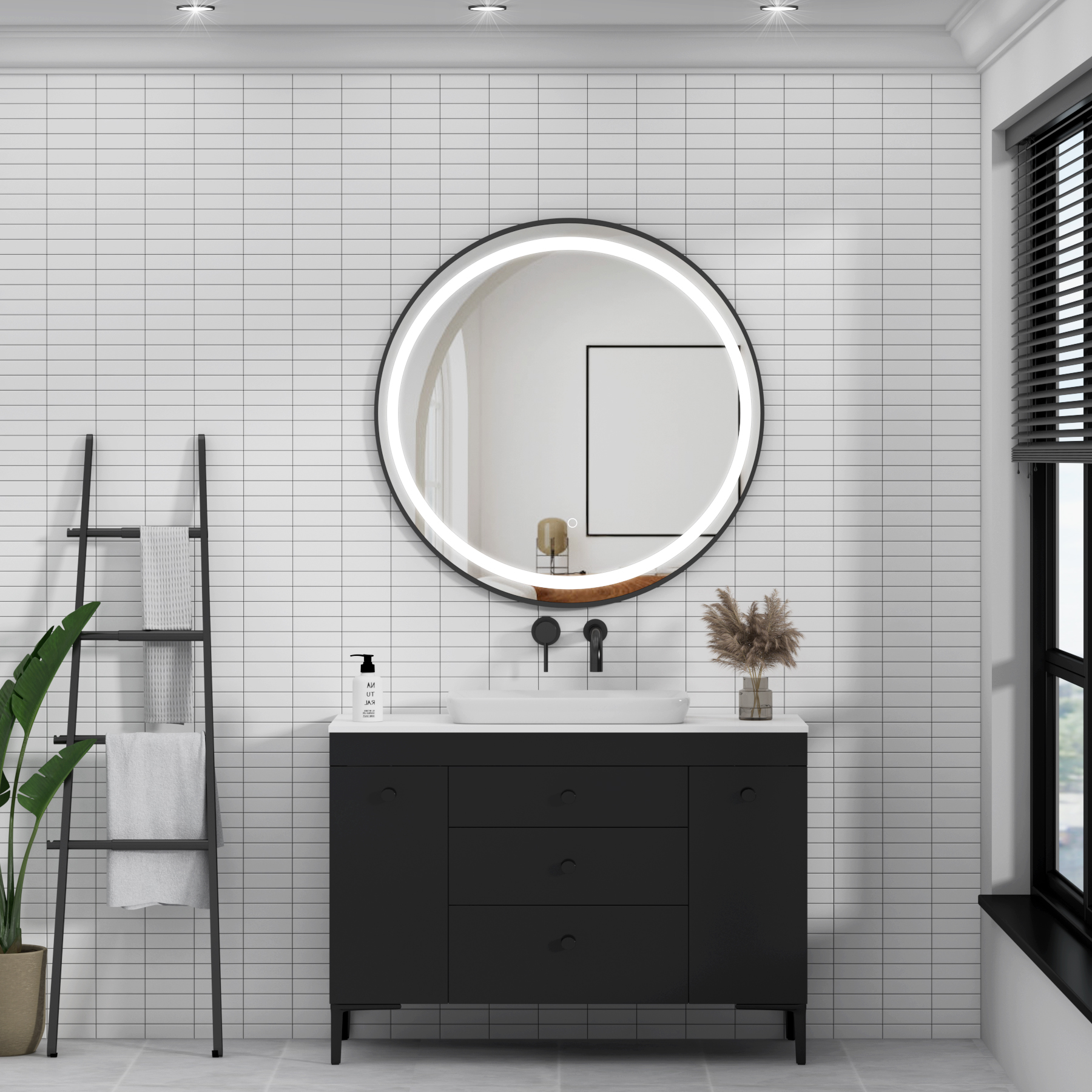 Capri 800 x 800mm Matt Black Frontlit LED Illuminated Framed Round Mirror with Demister Pad & Touch Sensor
