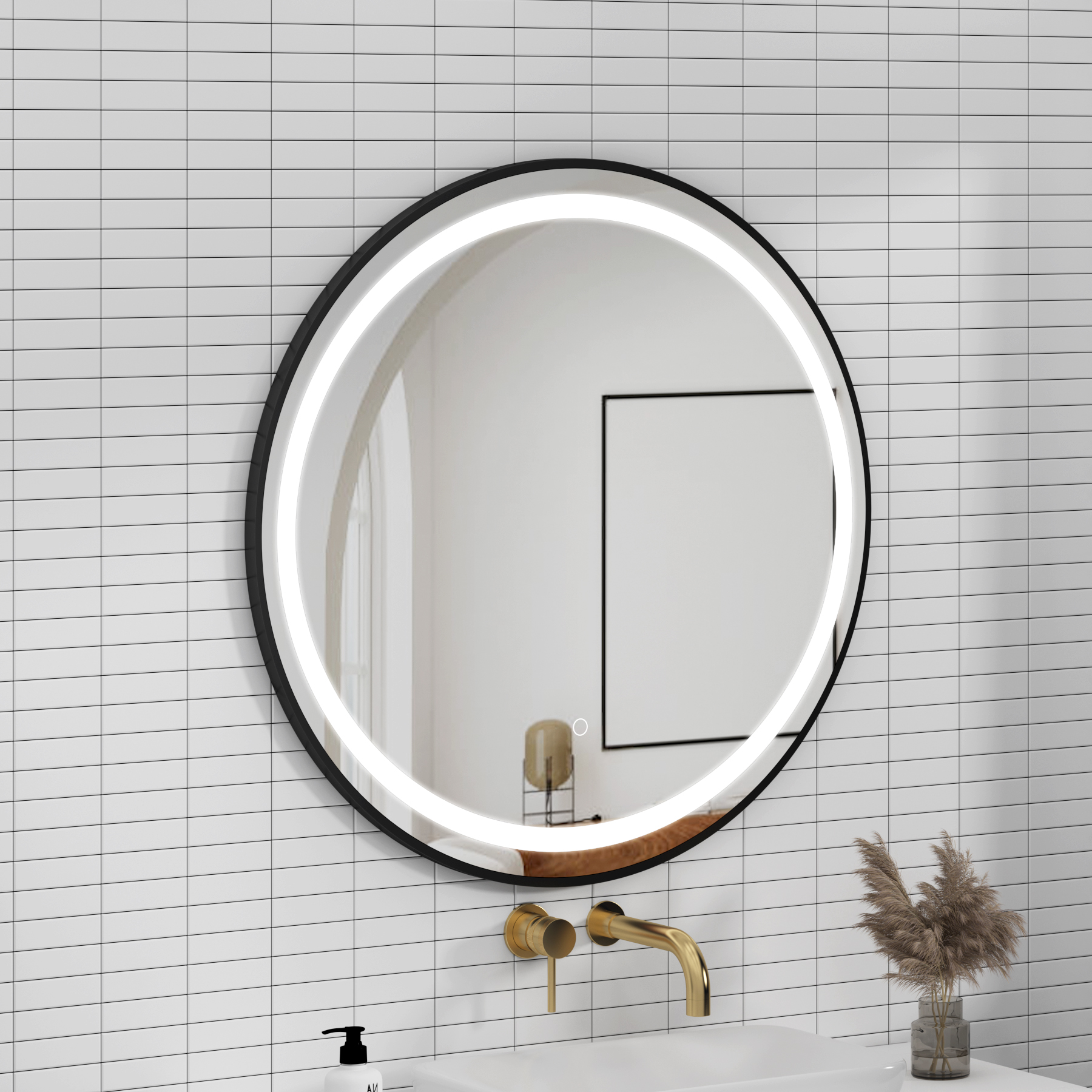 Capri 800 x 800mm Matt Black Frontlit LED Illuminated Framed Round Mirror with Demister Pad & Touch Sensor