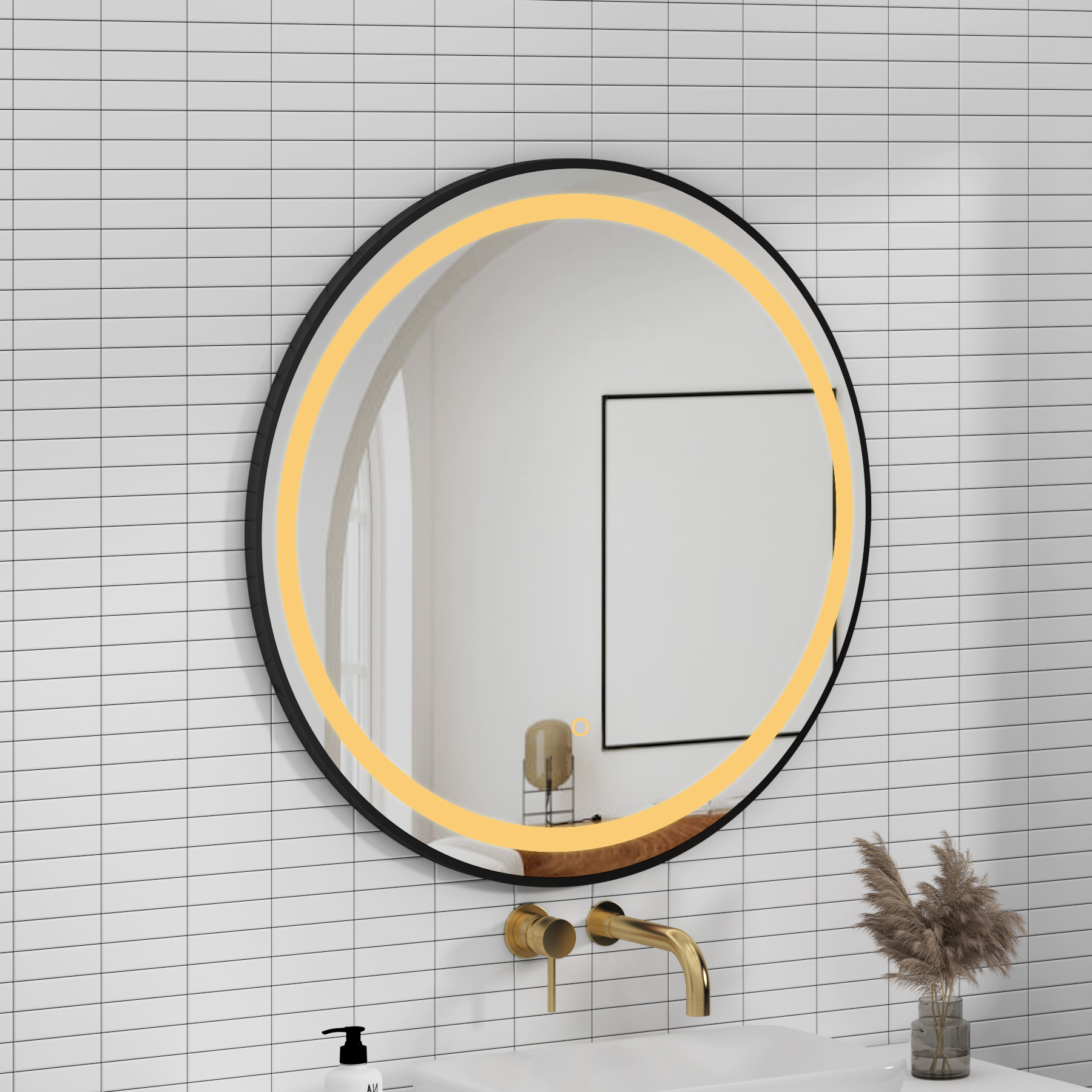 Capri 800 x 800mm Matt Black Frontlit LED Illuminated Framed Round Mirror with Demister Pad & Touch Sensor