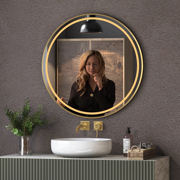 Capri Round Front Lit LED Mirror Brushed Brass Framed with