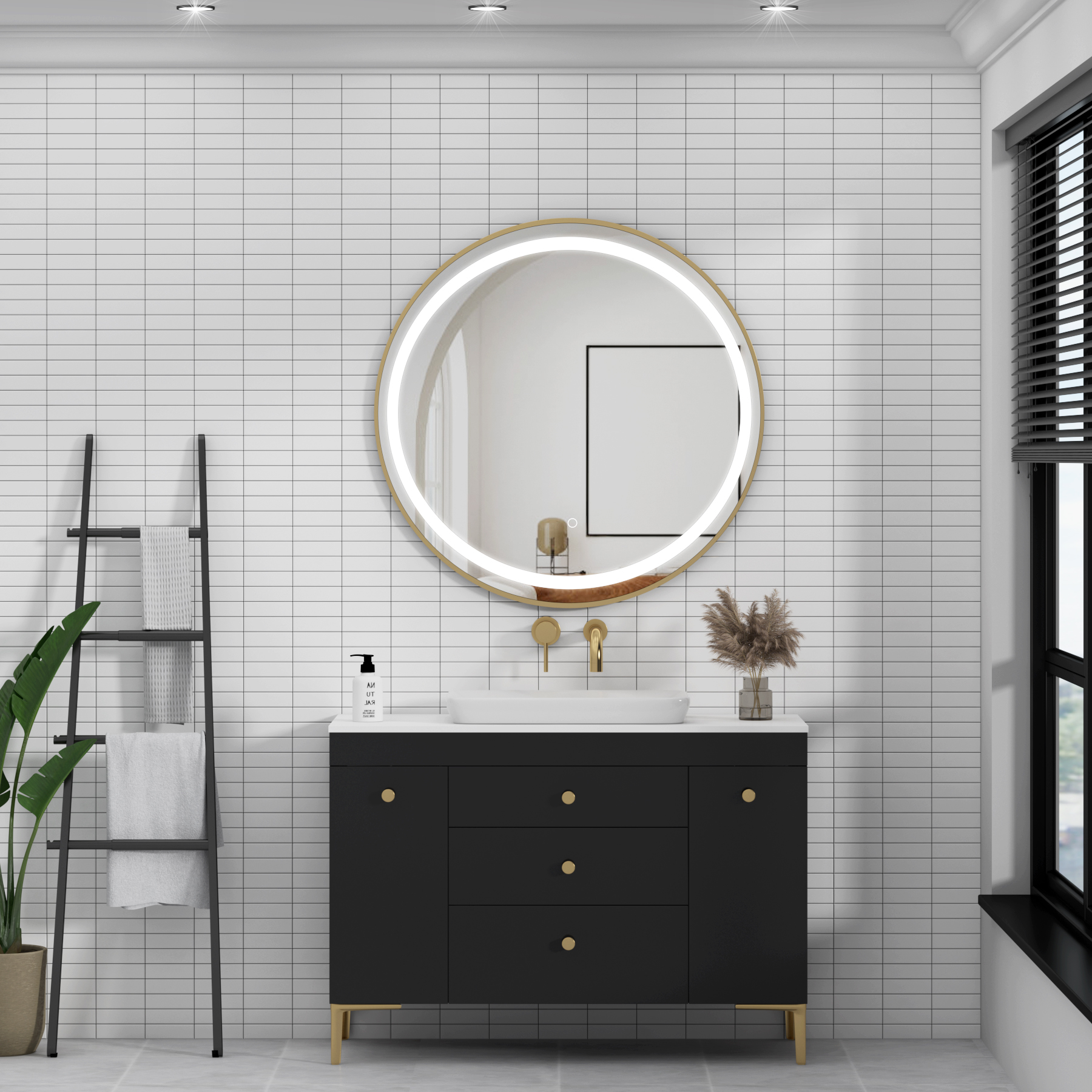 Capri 800 x 800mm Brushed Brass Frontlit LED Illuminated Framed Round Mirror with Demister Pad & Touch Sensor