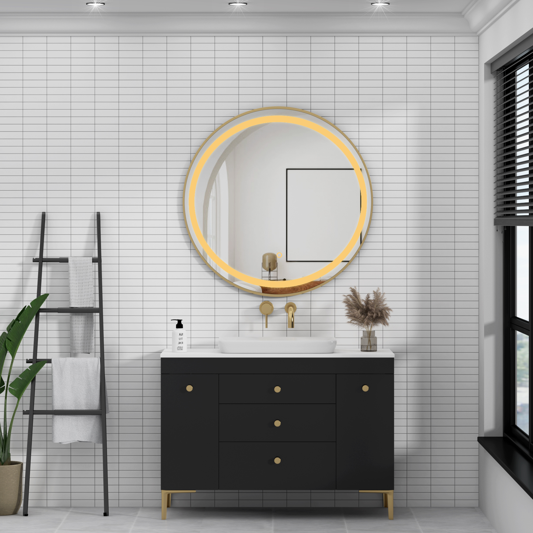 Capri 800 x 800mm Brushed Brass Frontlit LED Illuminated Framed Round Mirror with Demister Pad & Touch Sensor