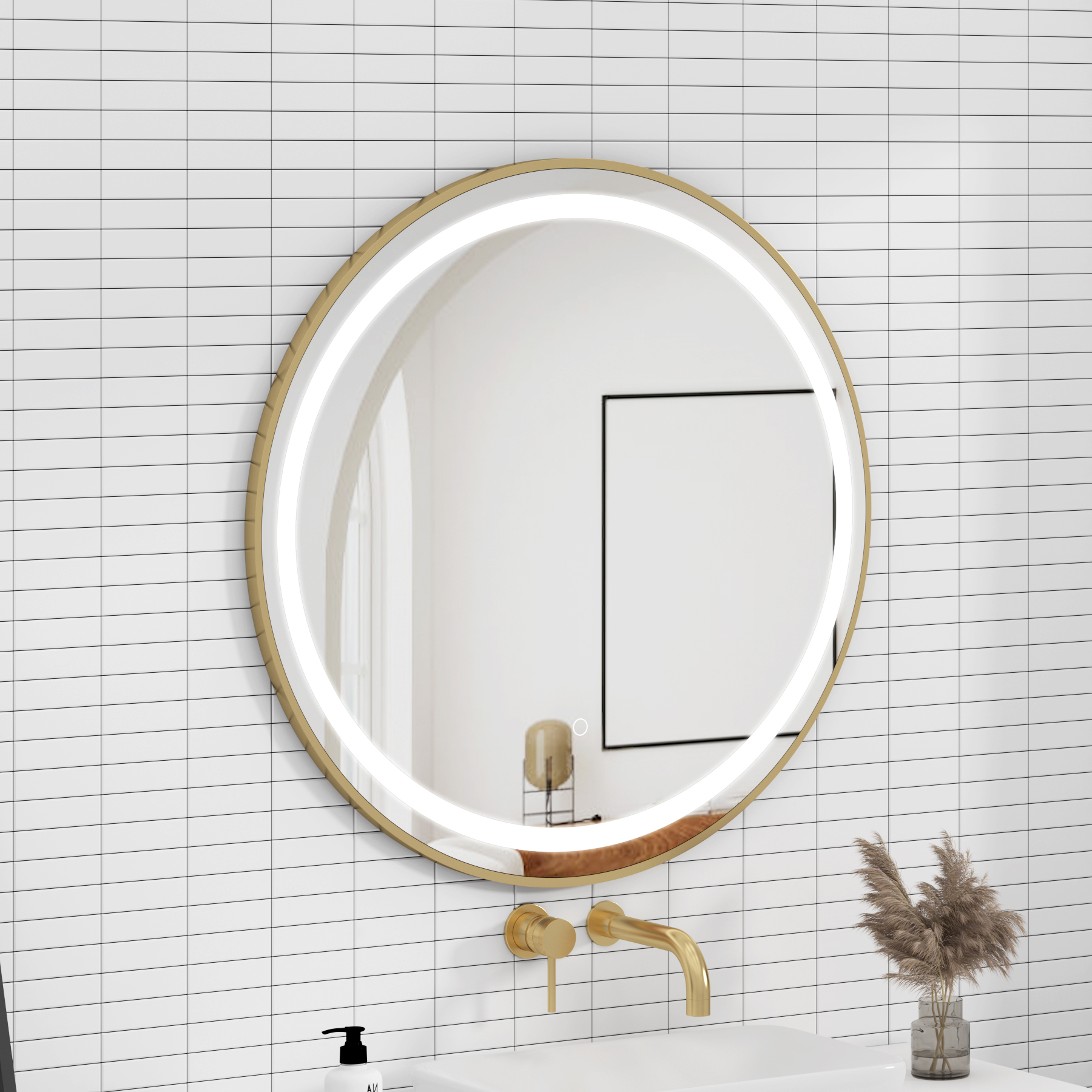 Capri 800 x 800mm Brushed Brass Frontlit LED Illuminated Framed Round Mirror with Demister Pad & Touch Sensor