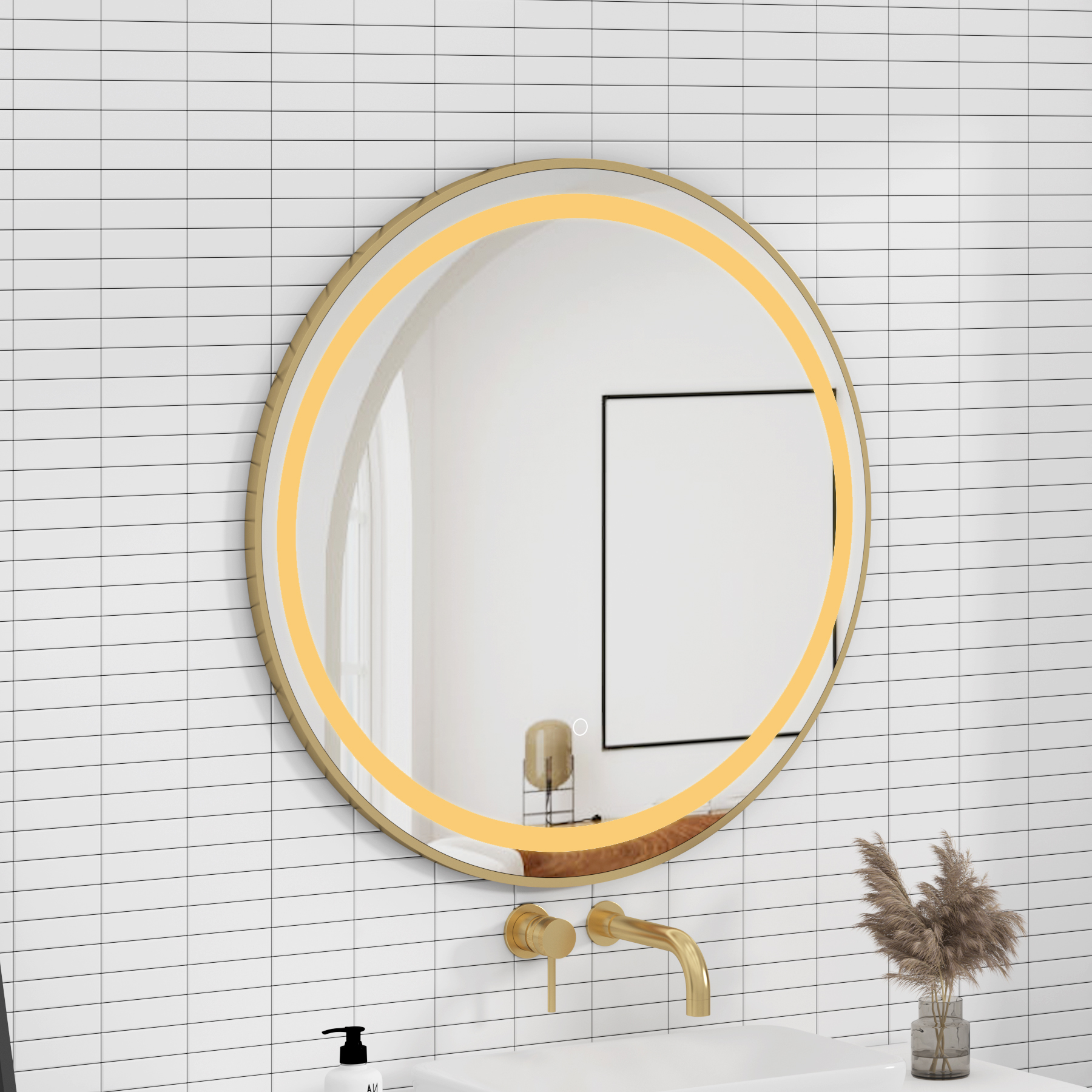 Capri 800 x 800mm Brushed Brass Frontlit LED Illuminated Framed Round Mirror with Demister Pad & Touch Sensor