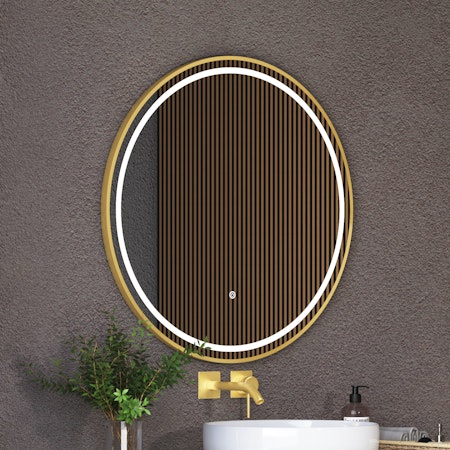 Capri 800 x 800mm Round Front Lit LED Framed Mirror with Demister Pad - Brushed Brass