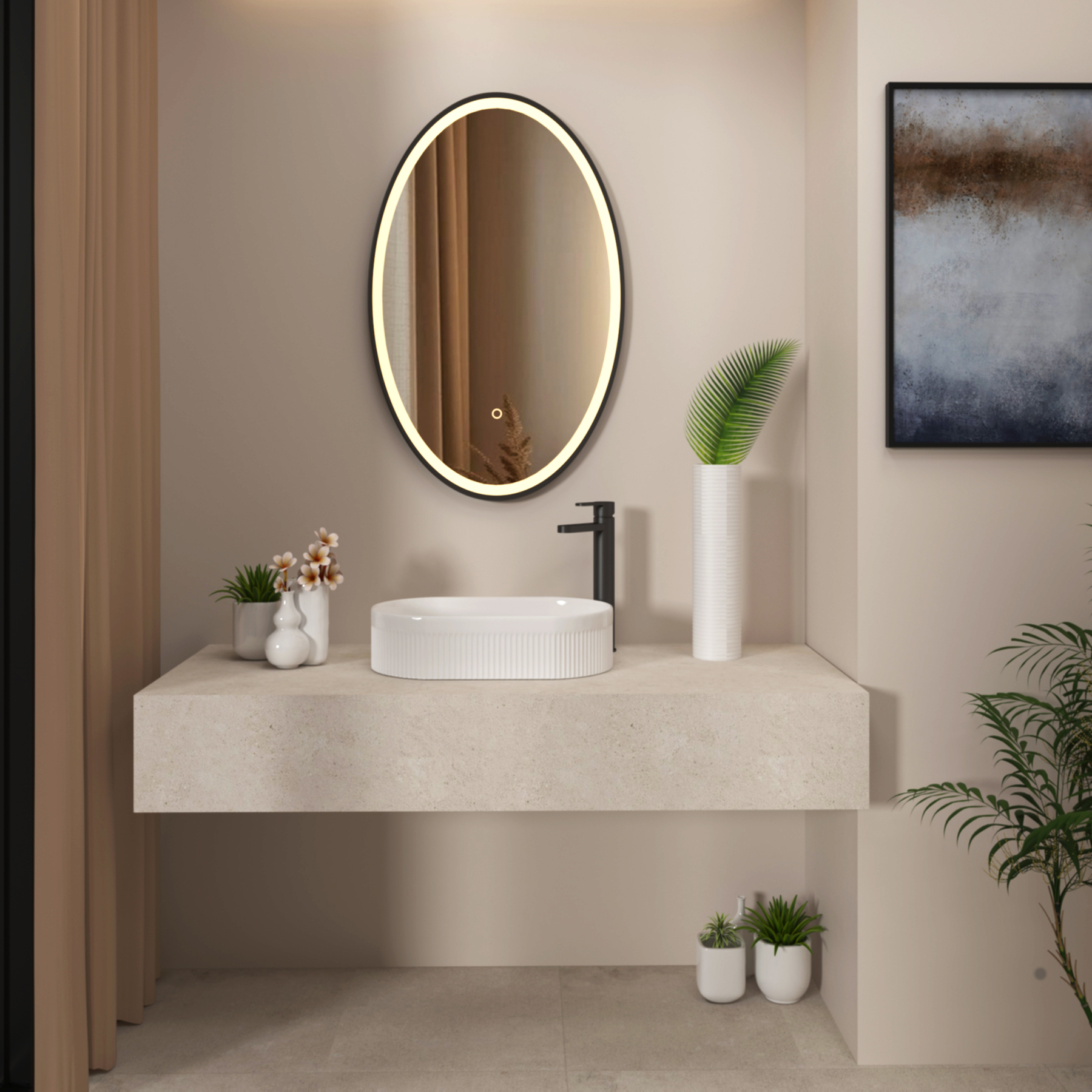 Capri 500 x 800mm Frontlit LED Illuminated Framed Oval Mirror with Demister Pad & Touch Sensor - Multiple Colours