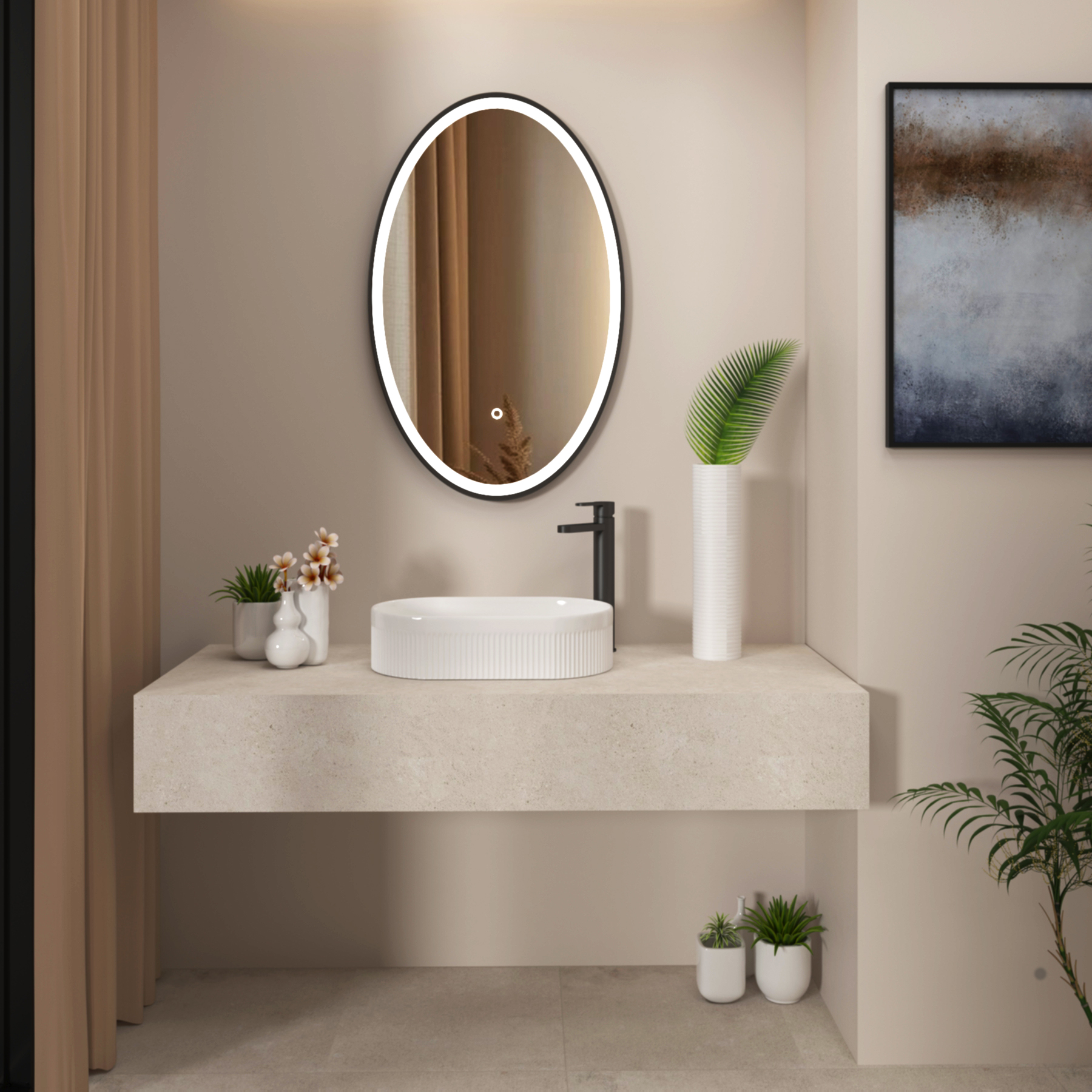 Capri 500 x 800mm Frontlit LED Illuminated Framed Oval Mirror with Demister Pad & Touch Sensor - Multiple Colours