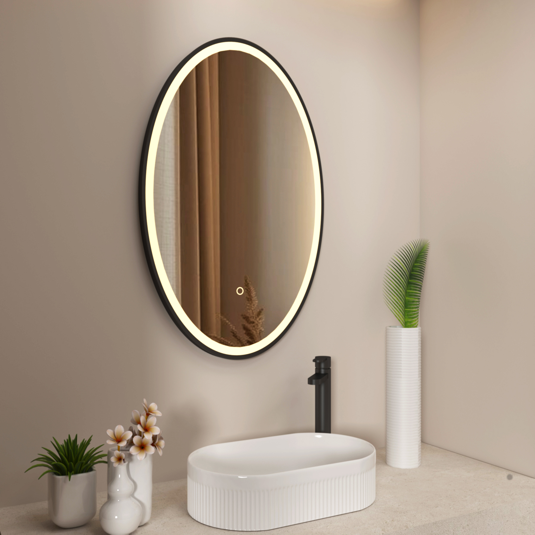 Capri 500 x 800mm Frontlit LED Illuminated Framed Oval Mirror with Demister Pad & Touch Sensor - Multiple Colours