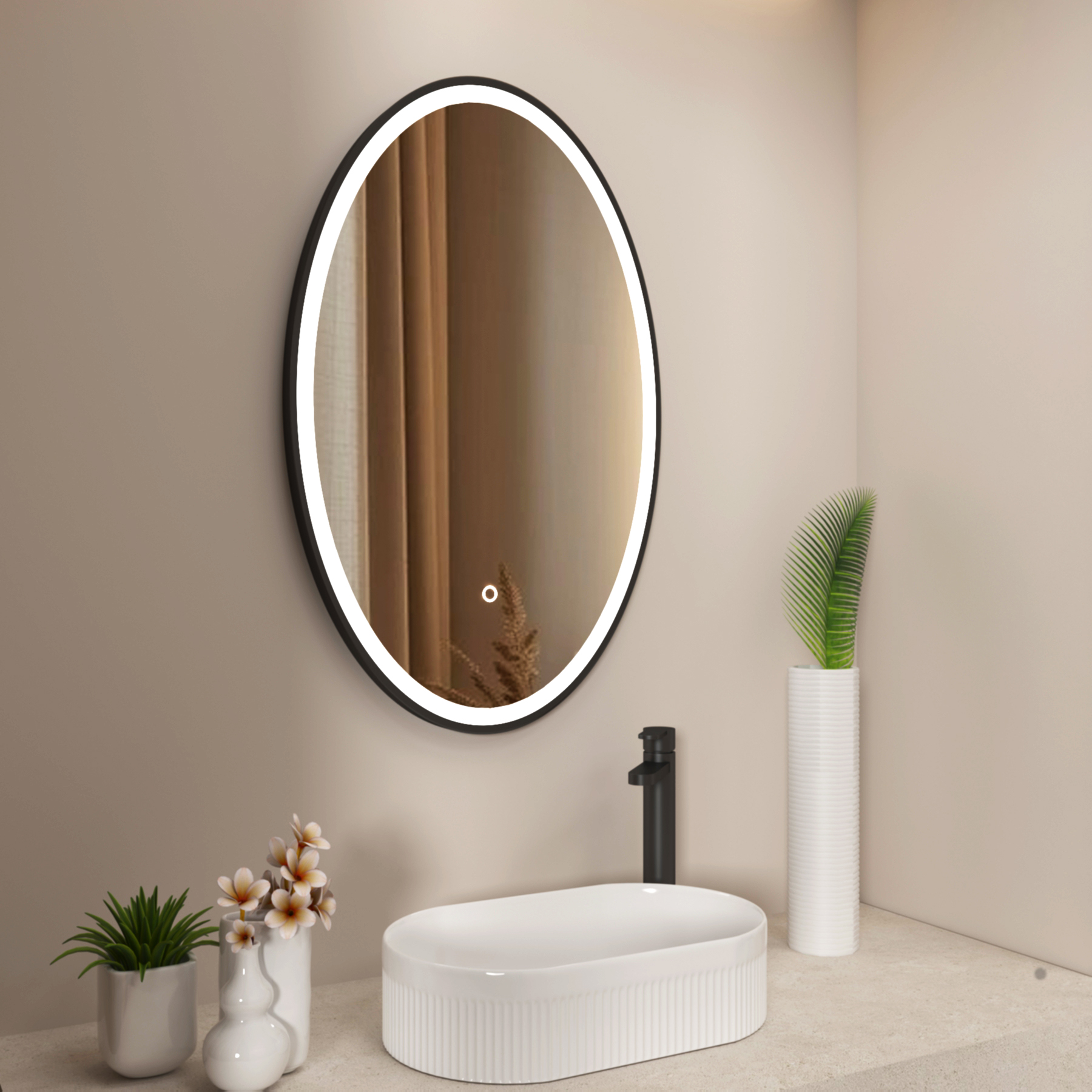 Capri 500 x 800mm Frontlit LED Illuminated Framed Oval Mirror with Demister Pad & Touch Sensor - Multiple Colours