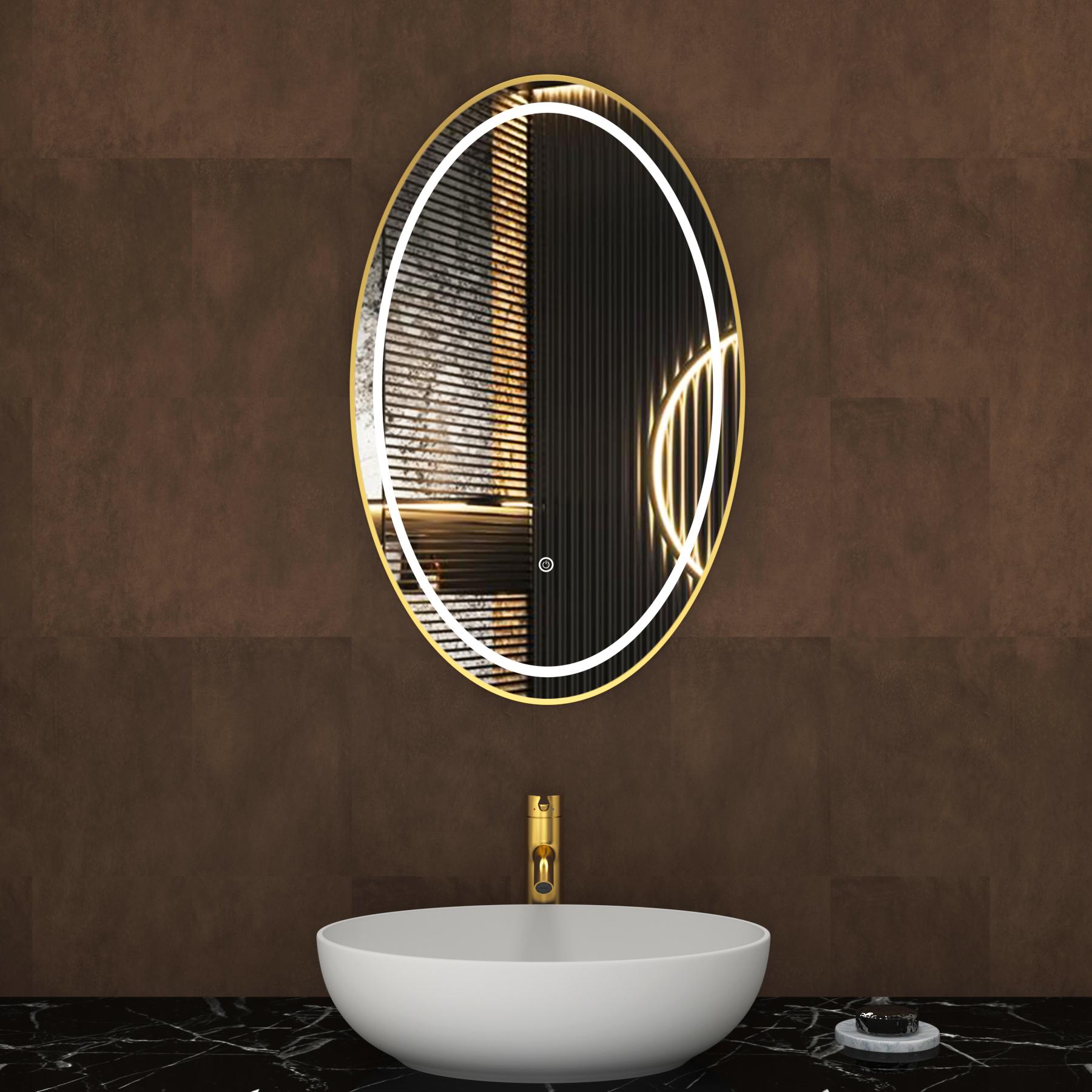 Capri 500 x 800mm Oval Front Lit LED Framed Mirror with Touch Sensor - Brushed Brass