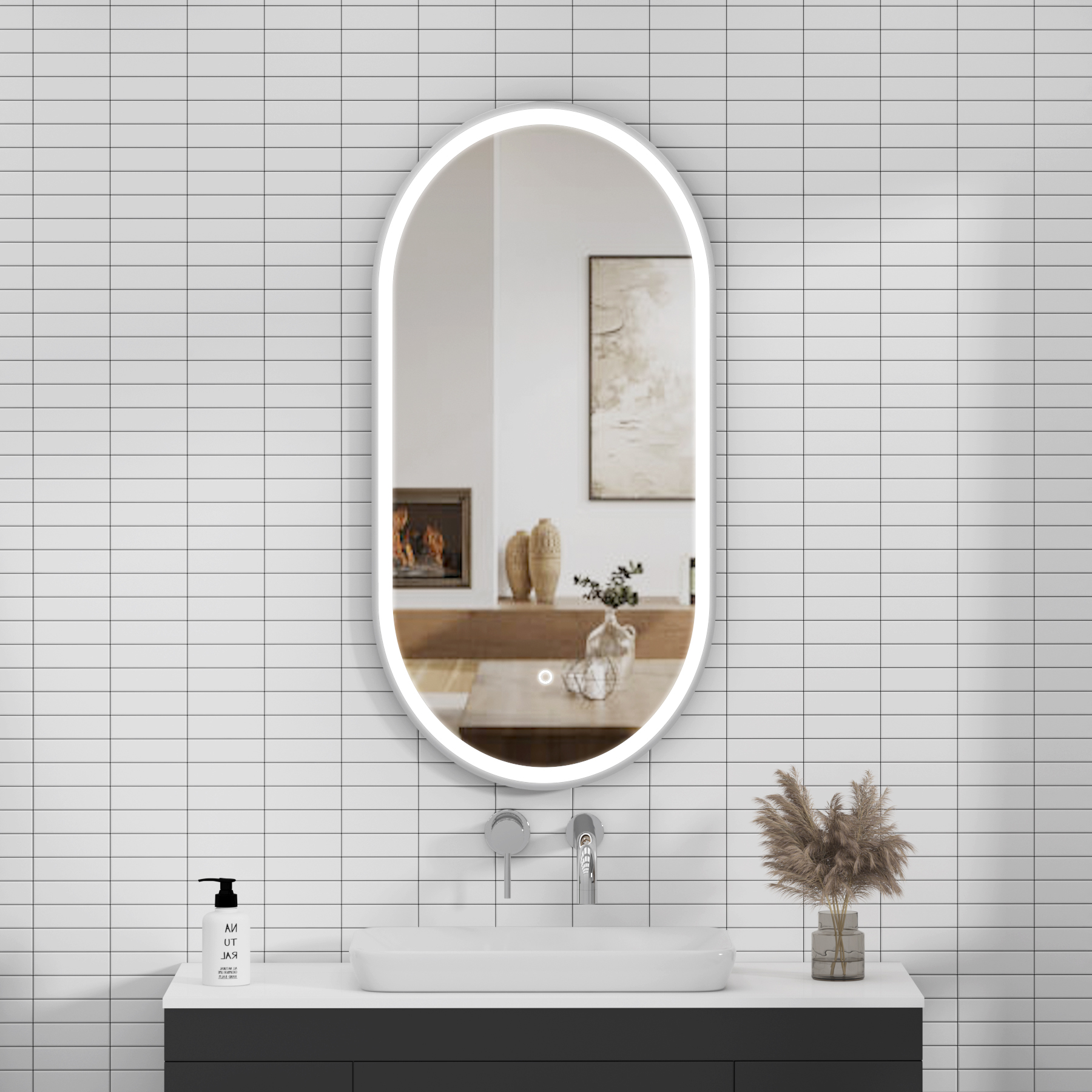Elite 450 x 900mm Chrome Frontlit LED Illuminated Framed Capsule Mirror with Demister Pad & Touch Sensor