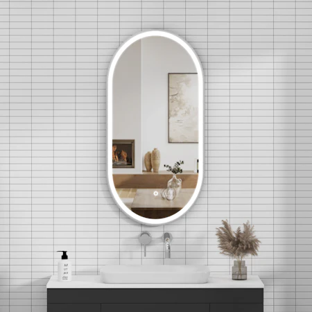 Elite 450 x 900mm Chrome Frontlit LED Illuminated Framed Capsule Mirror with Demister Pad & Touch Sensor