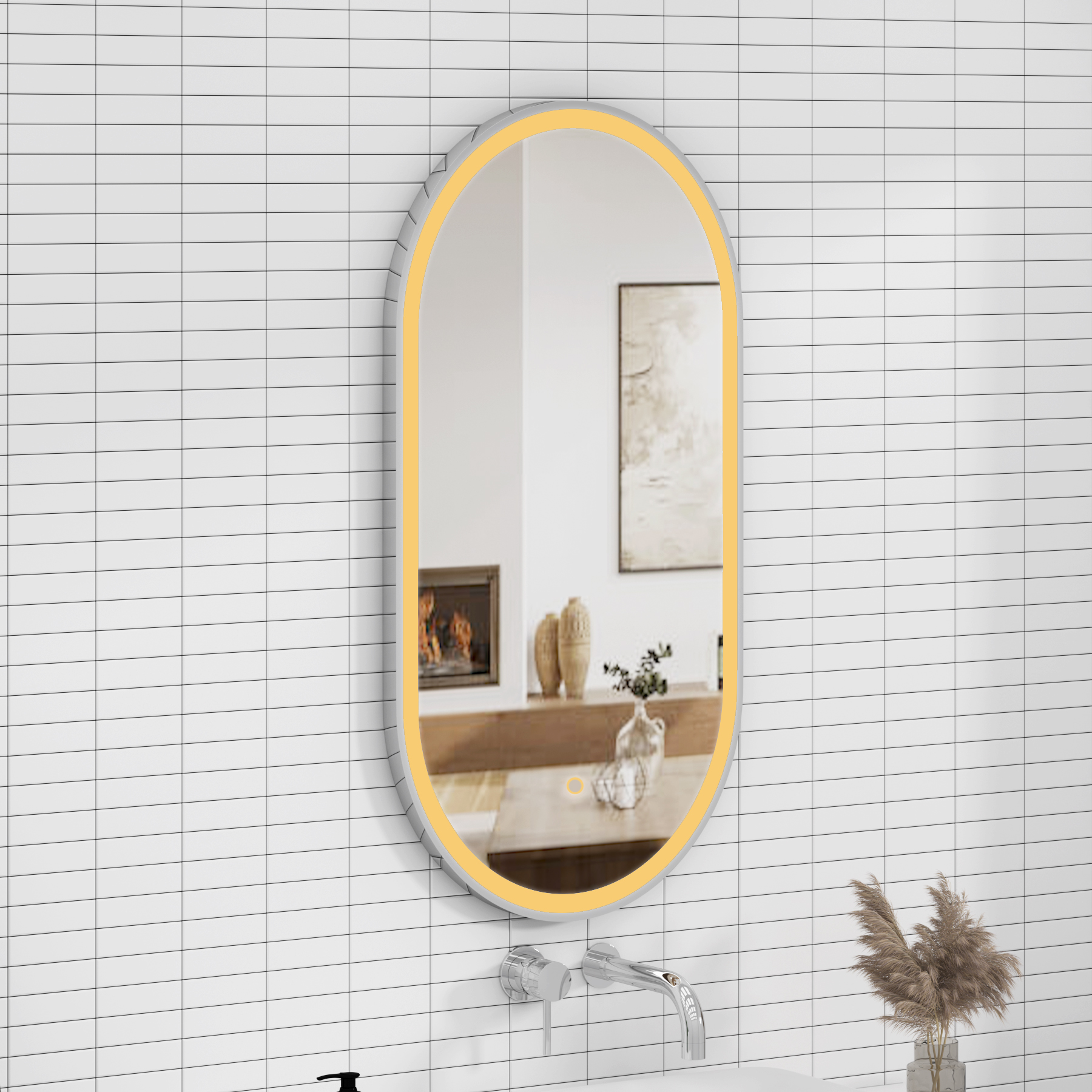 Elite 450 x 900mm Chrome Frontlit LED Illuminated Framed Capsule Mirror with Demister Pad & Touch Sensor