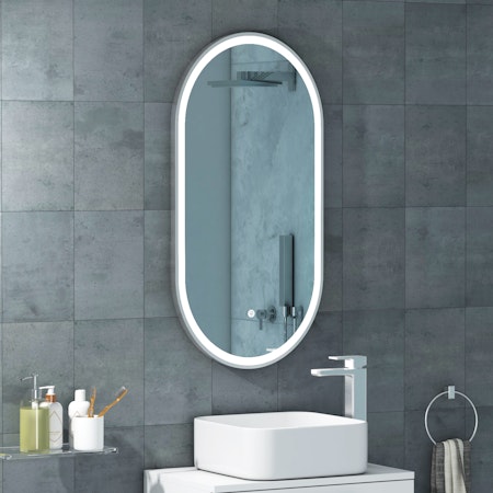 Elite 450 x 900mm Chrome LED Illuminated Framed Capsule Bathroom Mirror - Anti-Fog