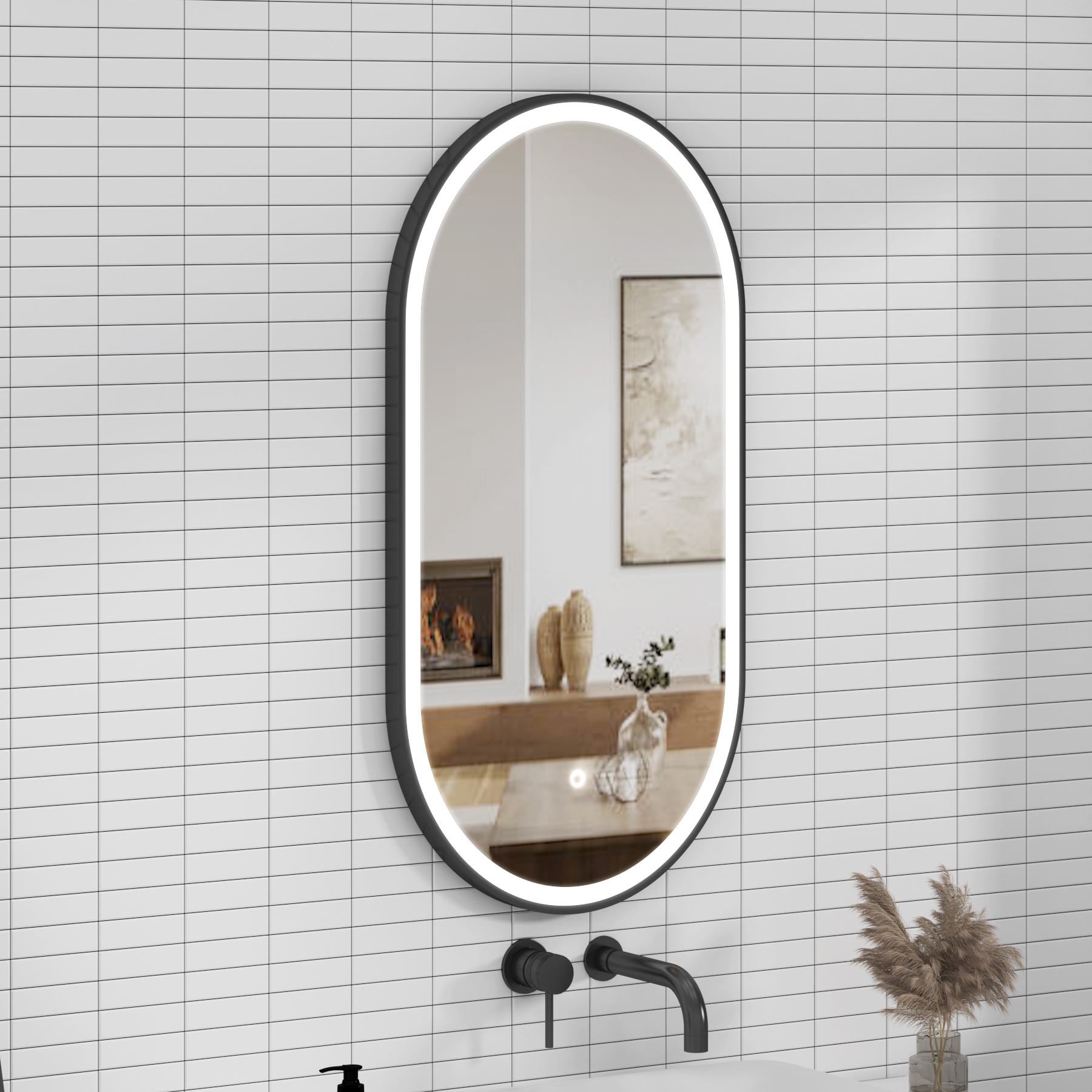 Elite 450 x 900mm Matt Black Frontlit LED Illuminated Framed Capsule Mirror with Demister Pad & Touch Sensor