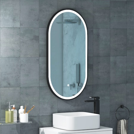 Elite 450 x 900mm Black LED Illuminated Framed Capsule Bathroom Mirror - Anti-Fog